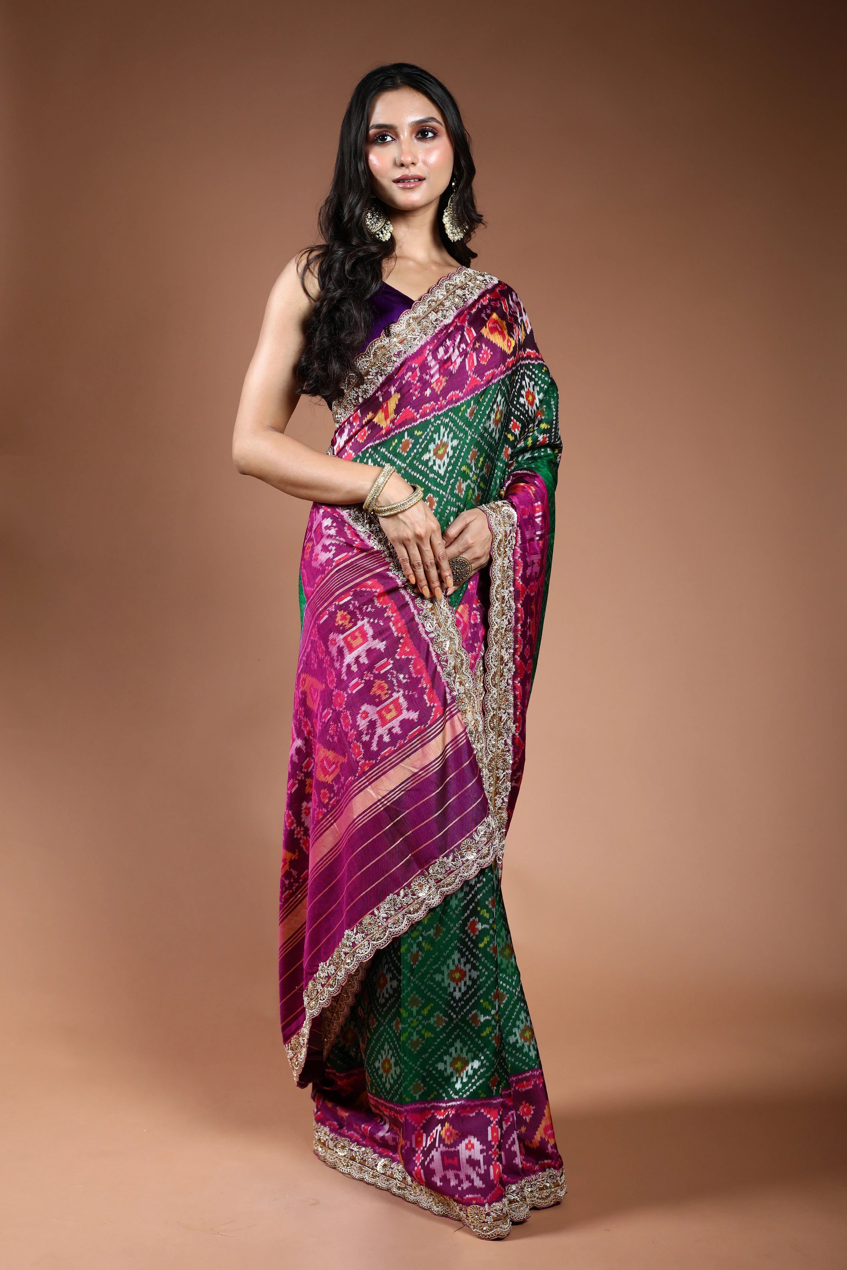 Green Exclusive Patola Zardosi Work Saree With Blouse Piece