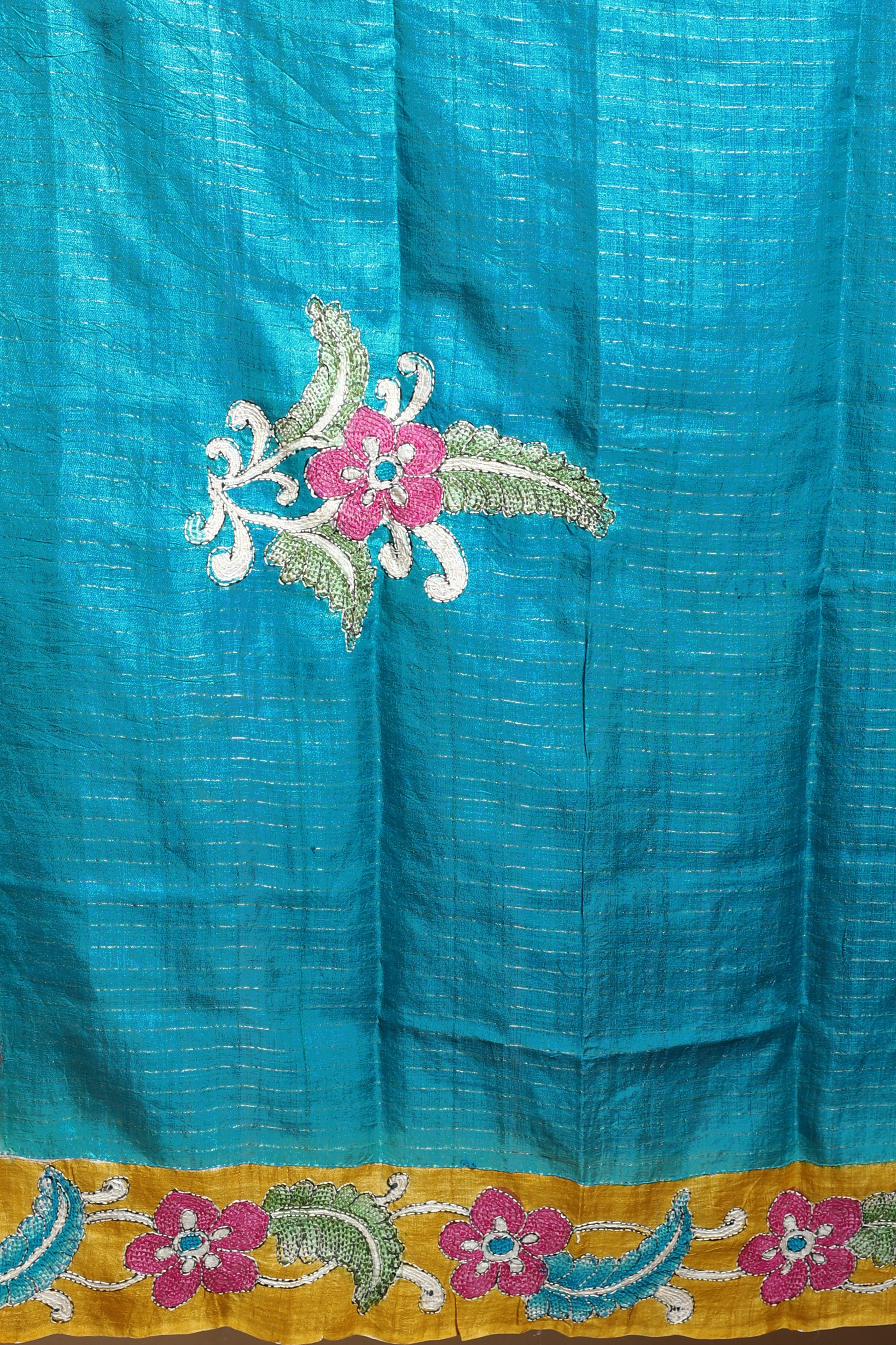 Lilac Tussar Checks Kantha Saree With Blouse Piece