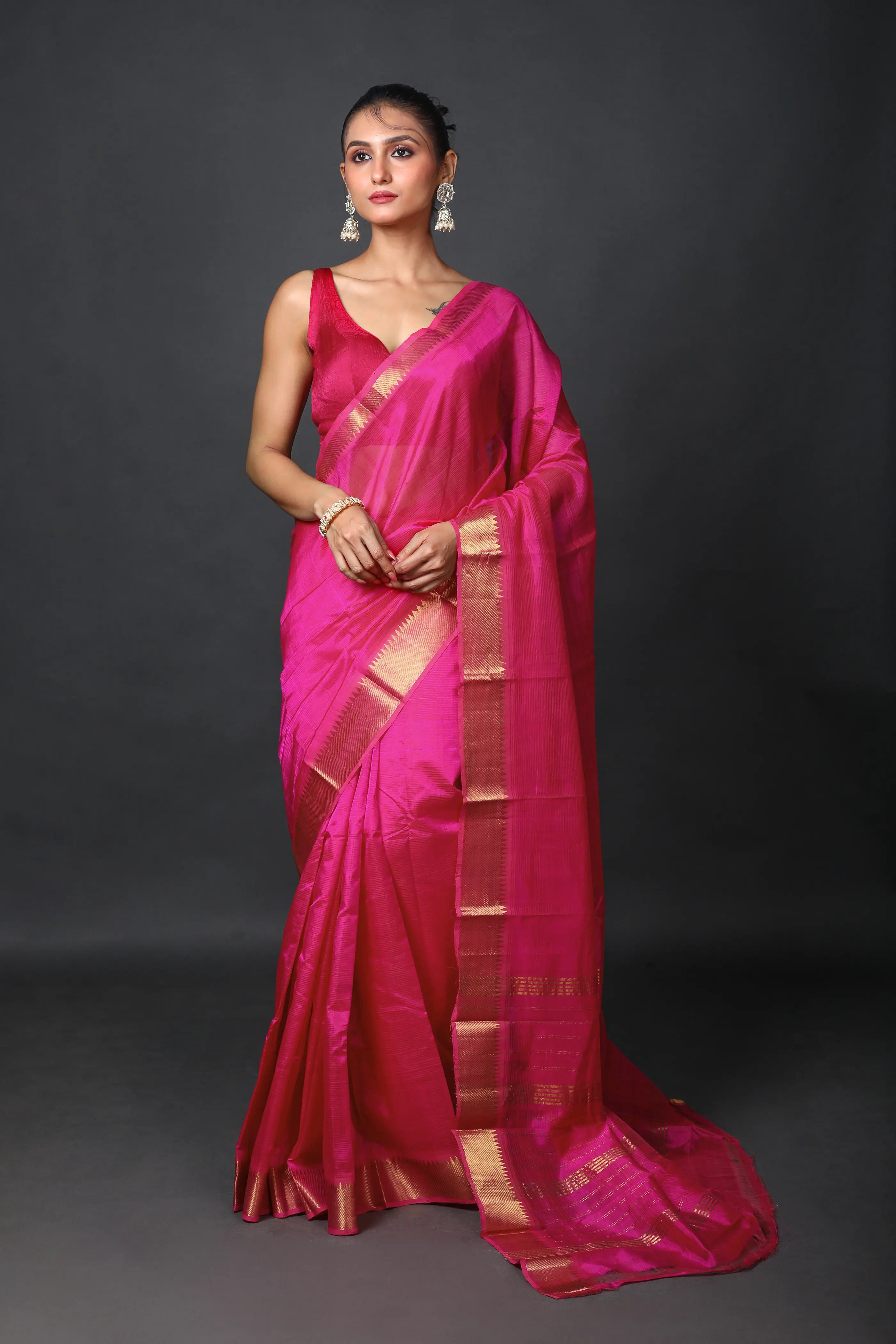 Phusia Pink Silk Mangalgiri Saree With Blouse Piece