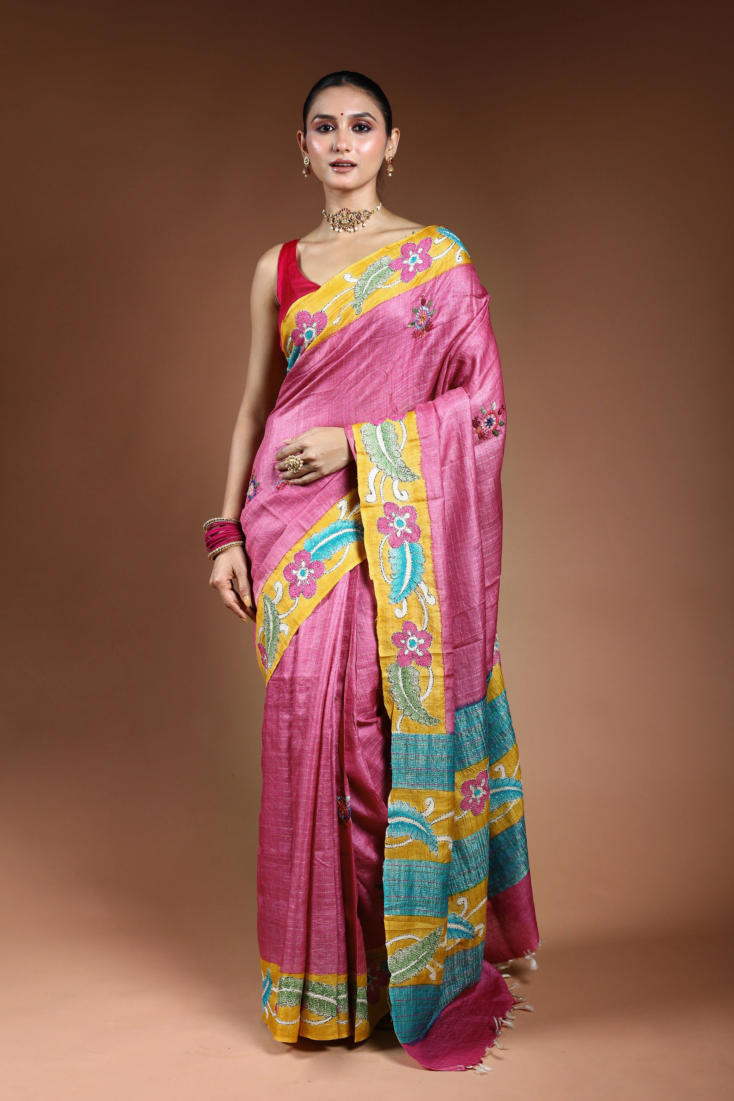 Lilac Tussar Checks Kantha Saree With Blouse Piece