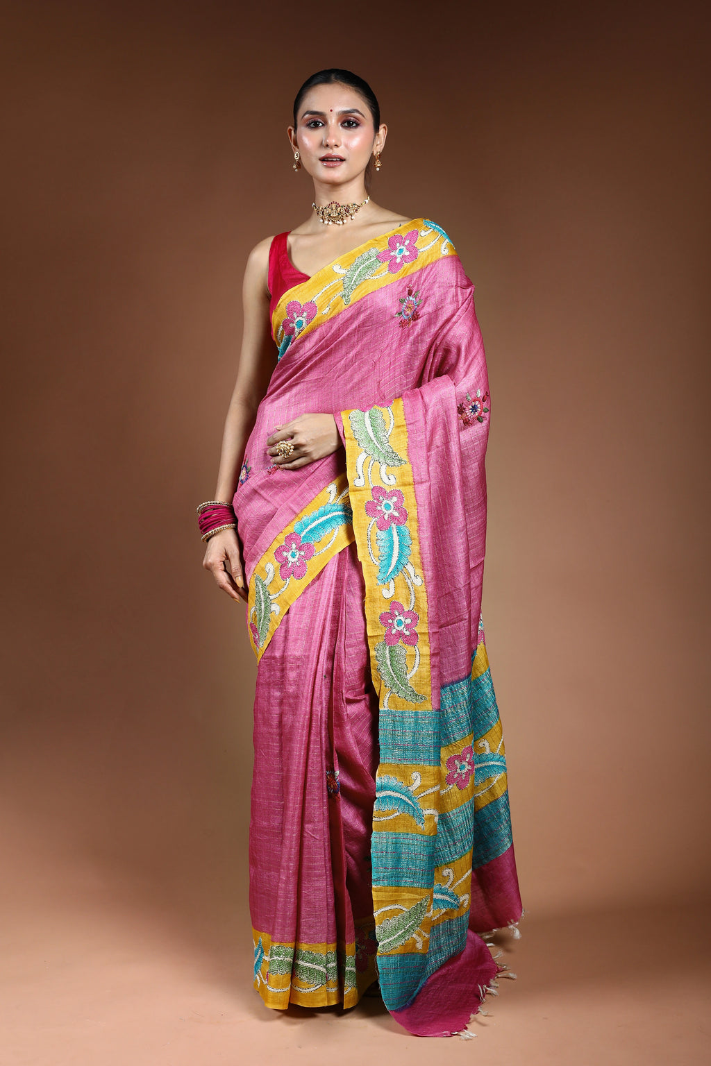 Lilac Tussar Checks Kantha Saree With Blouse Piece