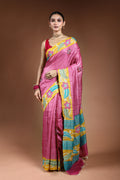 Lilac Tussar Checks Kantha Saree With Blouse Piece