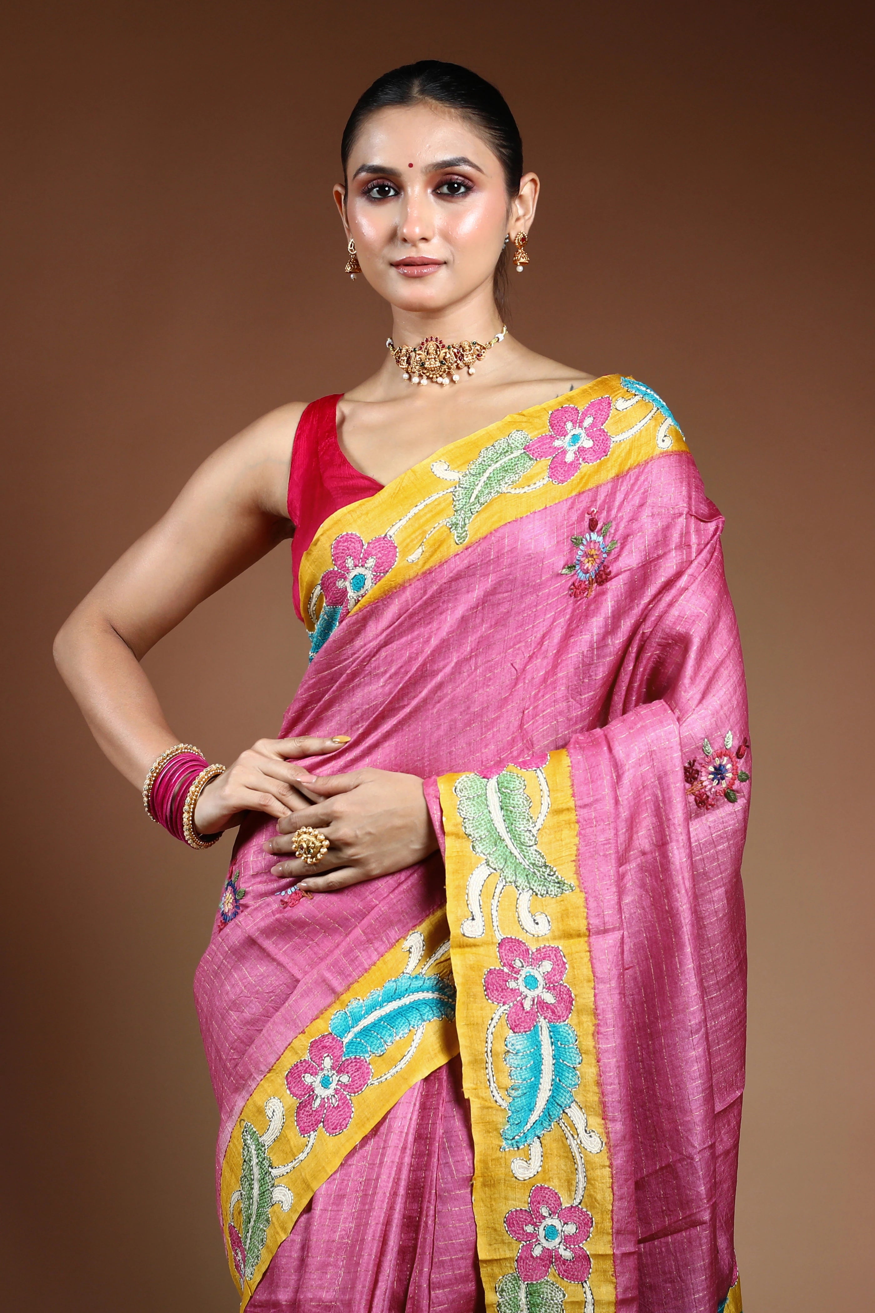 Lilac Tussar Checks Kantha Saree With Blouse Piece