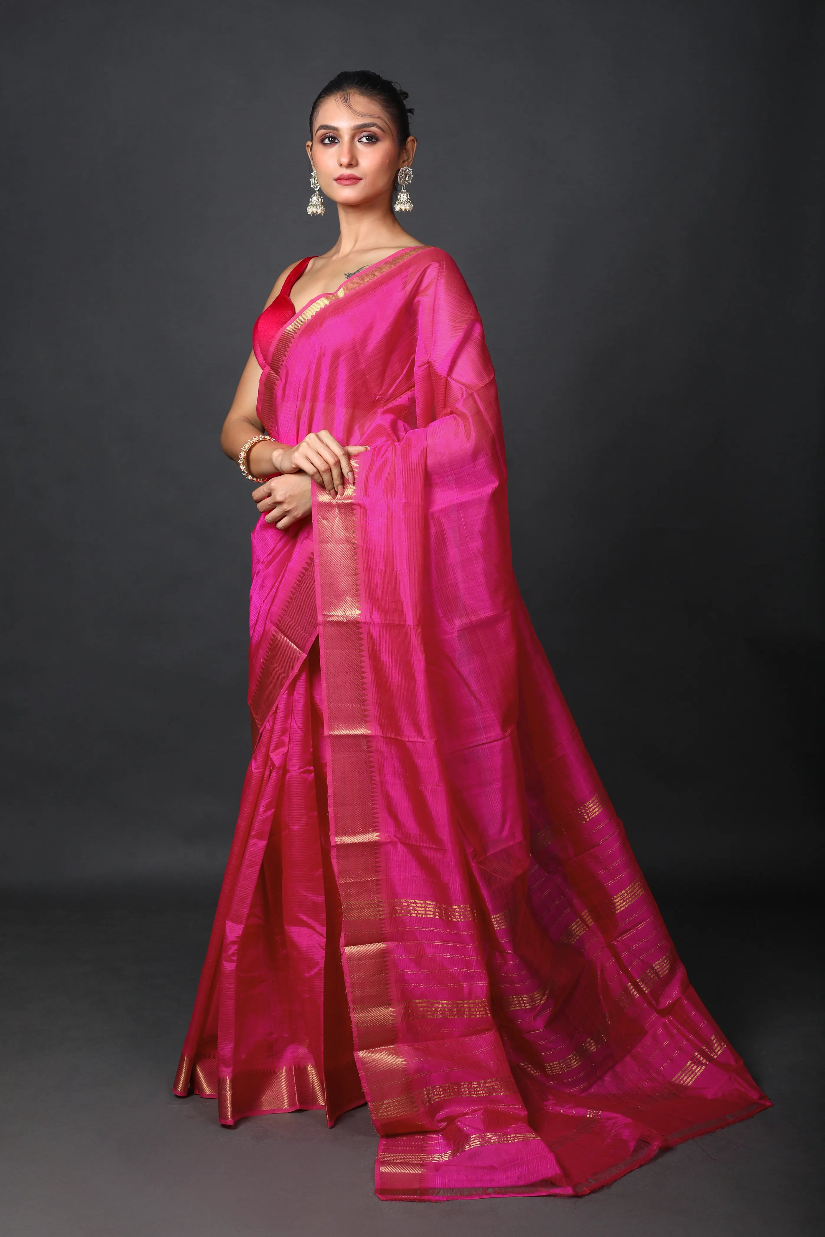 Phusia Pink Silk Mangalgiri Saree With Blouse Piece