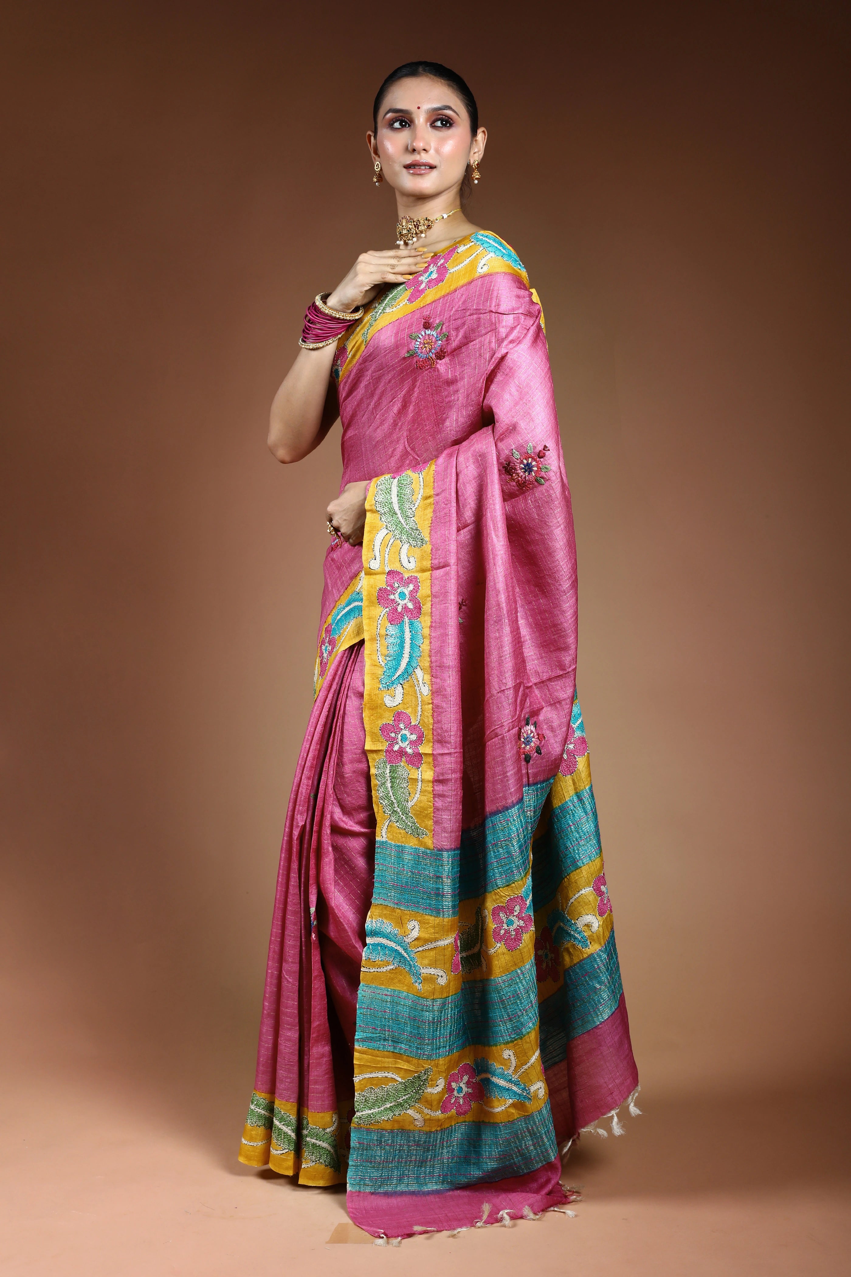 Lilac Tussar Checks Kantha Saree With Blouse Piece
