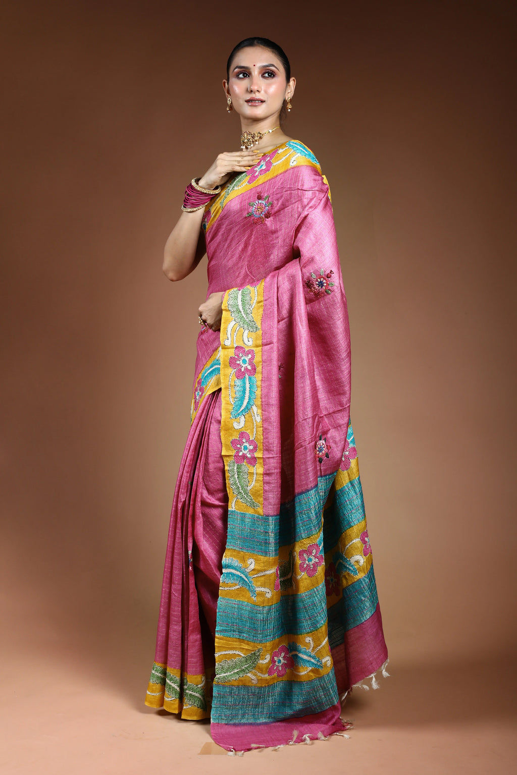 Lilac Tussar Checks Kantha Saree With Blouse Piece