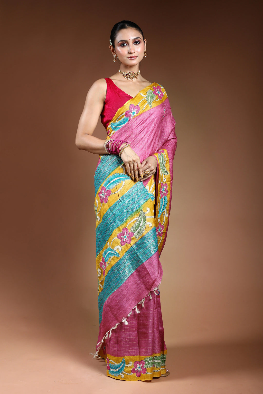 Lilac Tussar Checks Kantha Saree With Blouse Piece