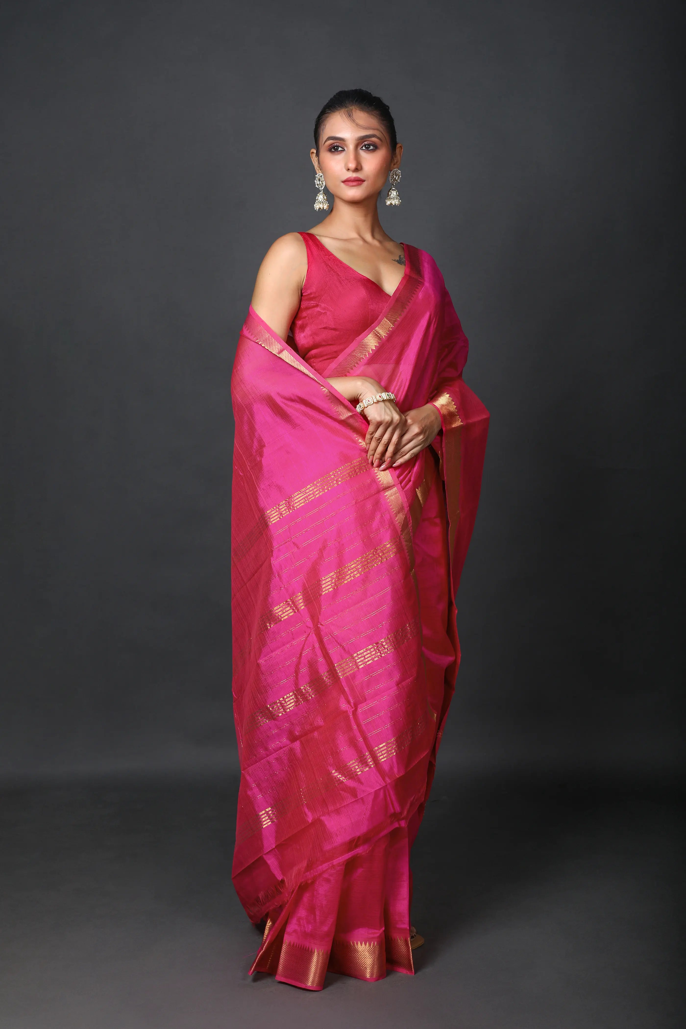 Phusia Pink Silk Mangalgiri Saree With Blouse Piece