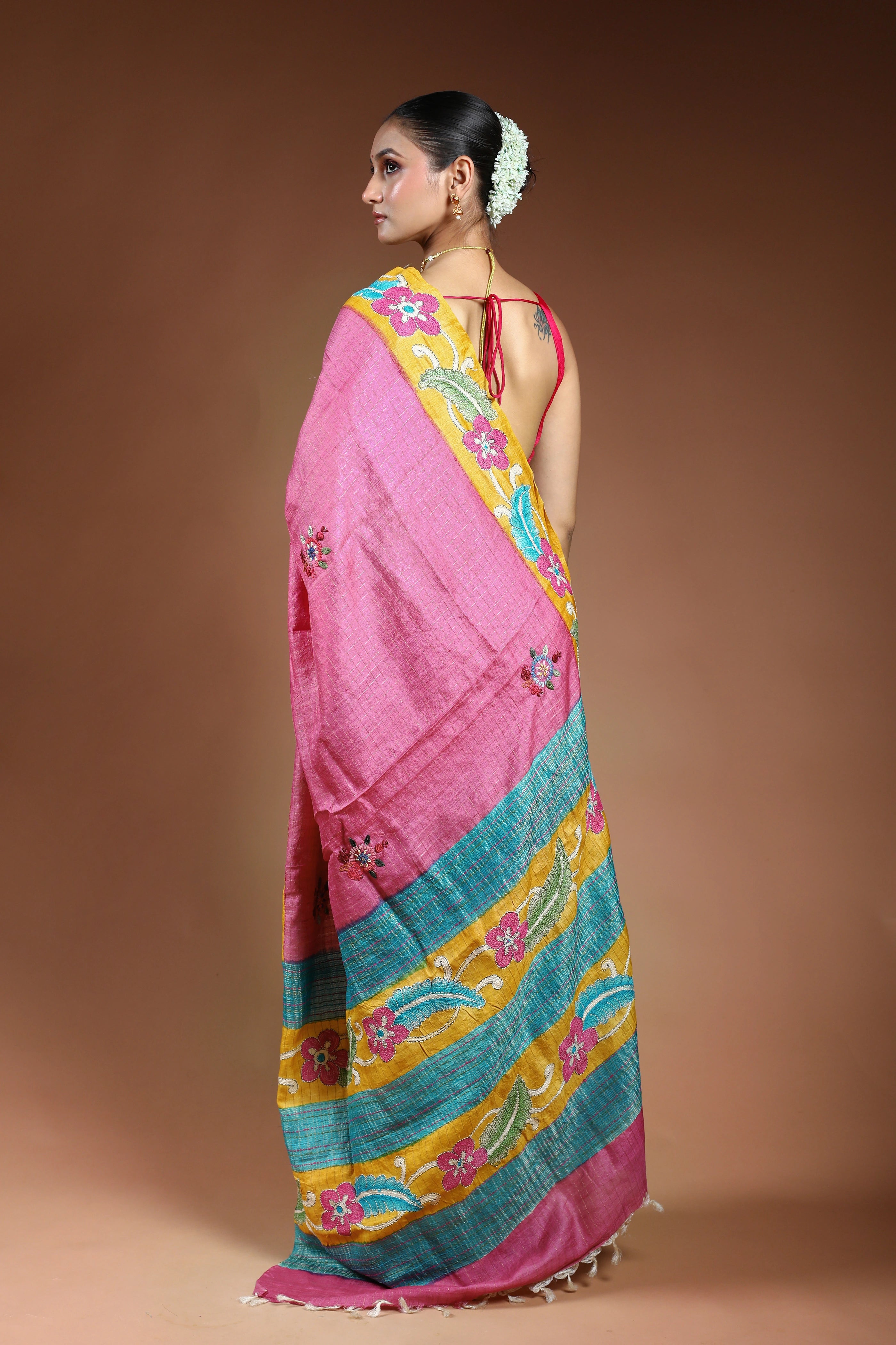 Lilac Tussar Checks Kantha Saree With Blouse Piece