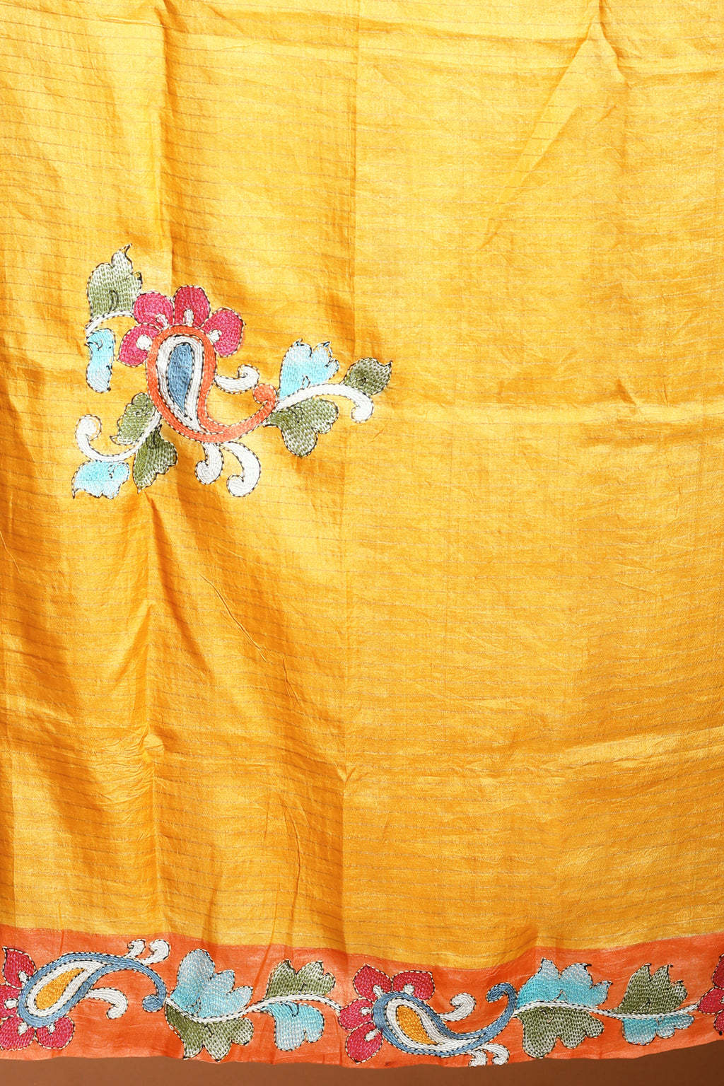 Parrot Green Tussar Checks Kantha Saree With Blouse Piece