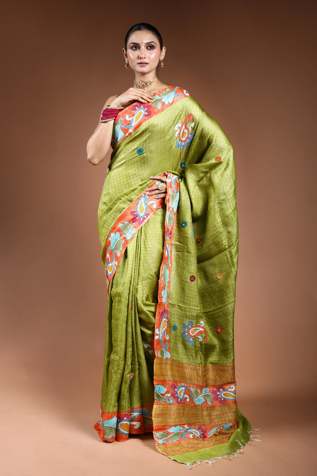 Parrot Green Tussar Checks Kantha Saree With Blouse Piece