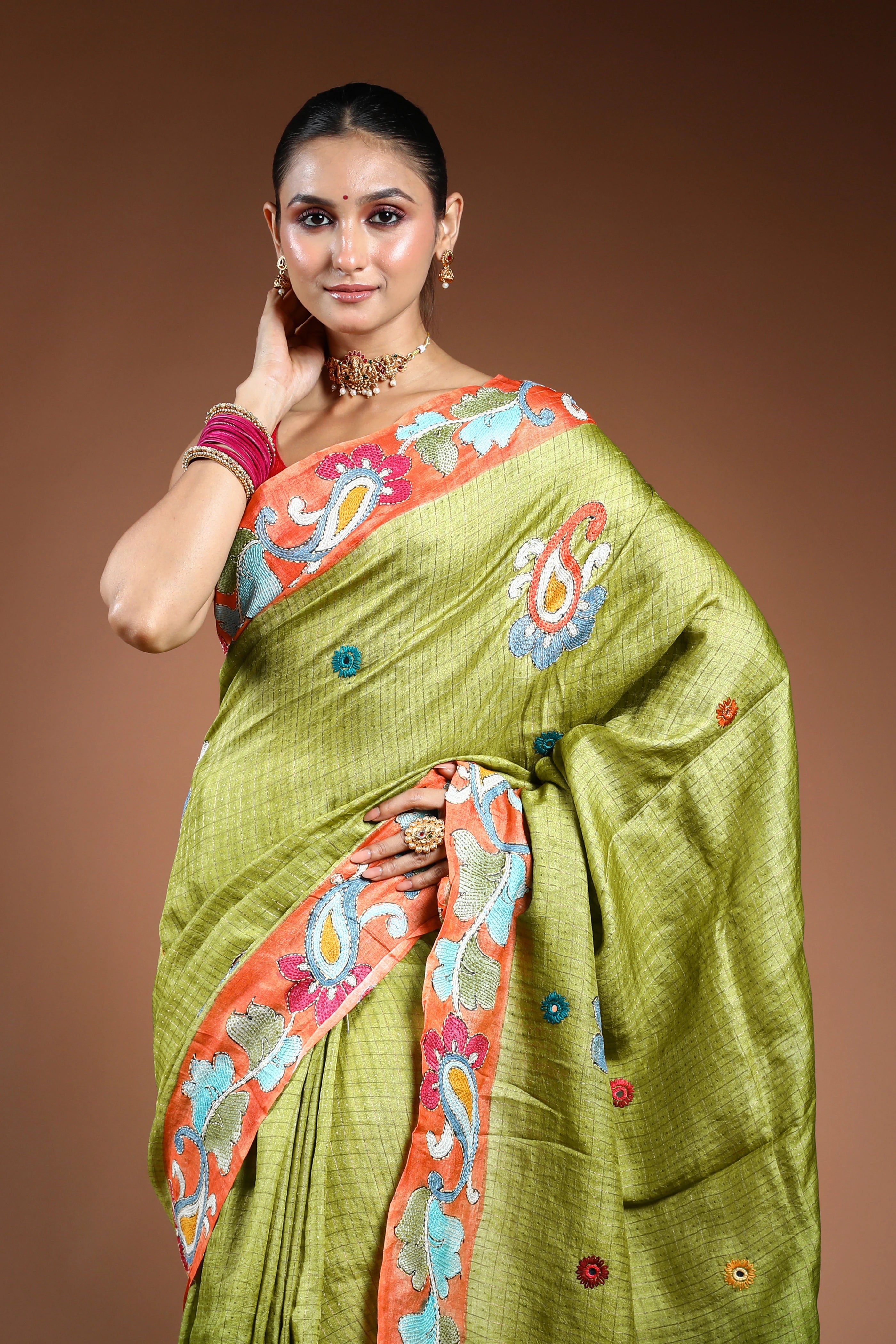 Parrot Green Tussar Checks Kantha Saree With Blouse Piece