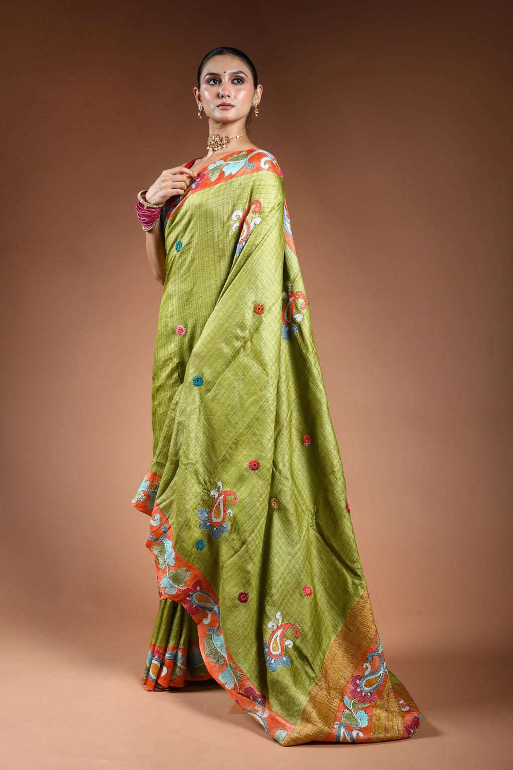 Parrot Green Tussar Checks Kantha Saree With Blouse Piece