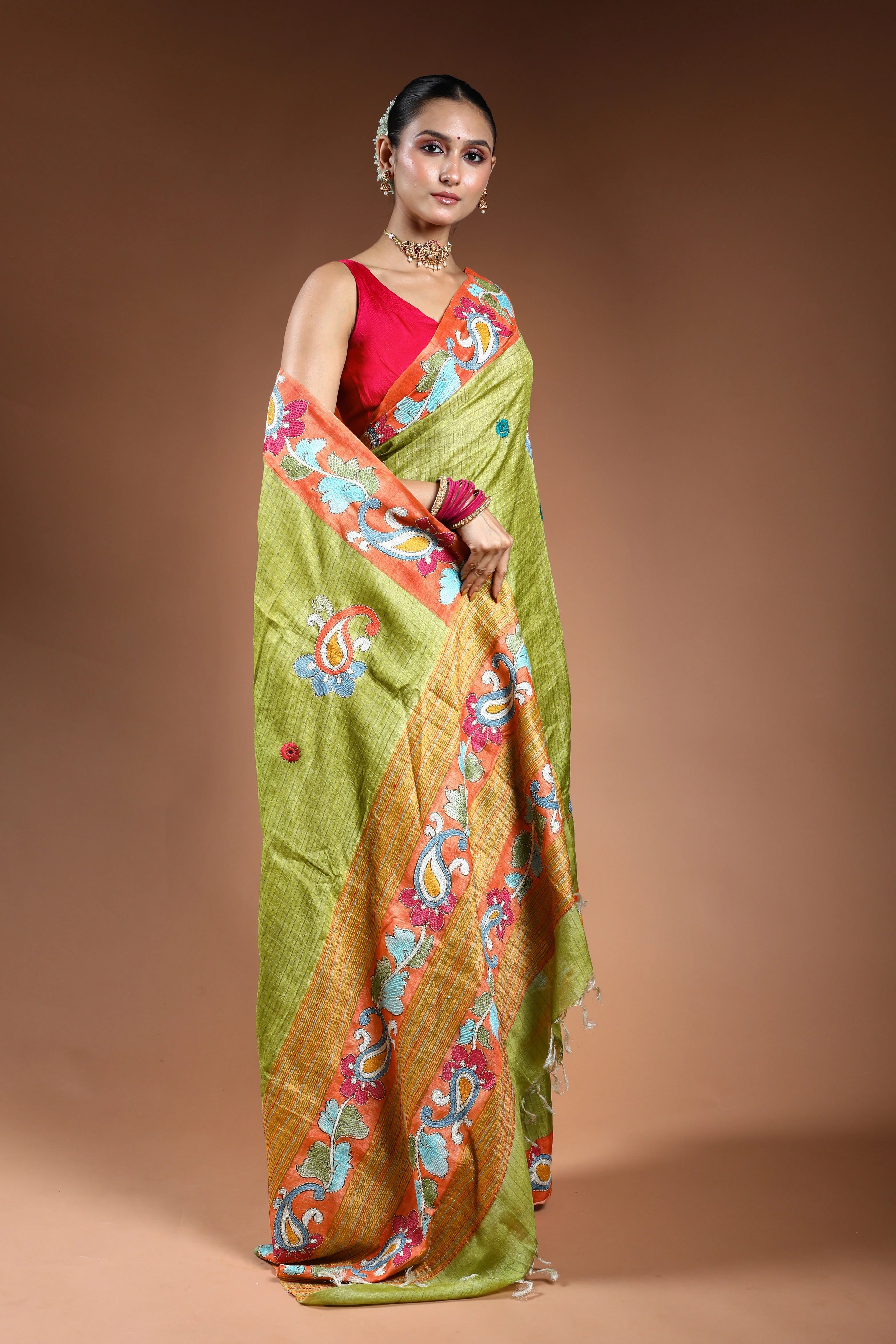 Parrot Green Tussar Checks Kantha Saree With Blouse Piece