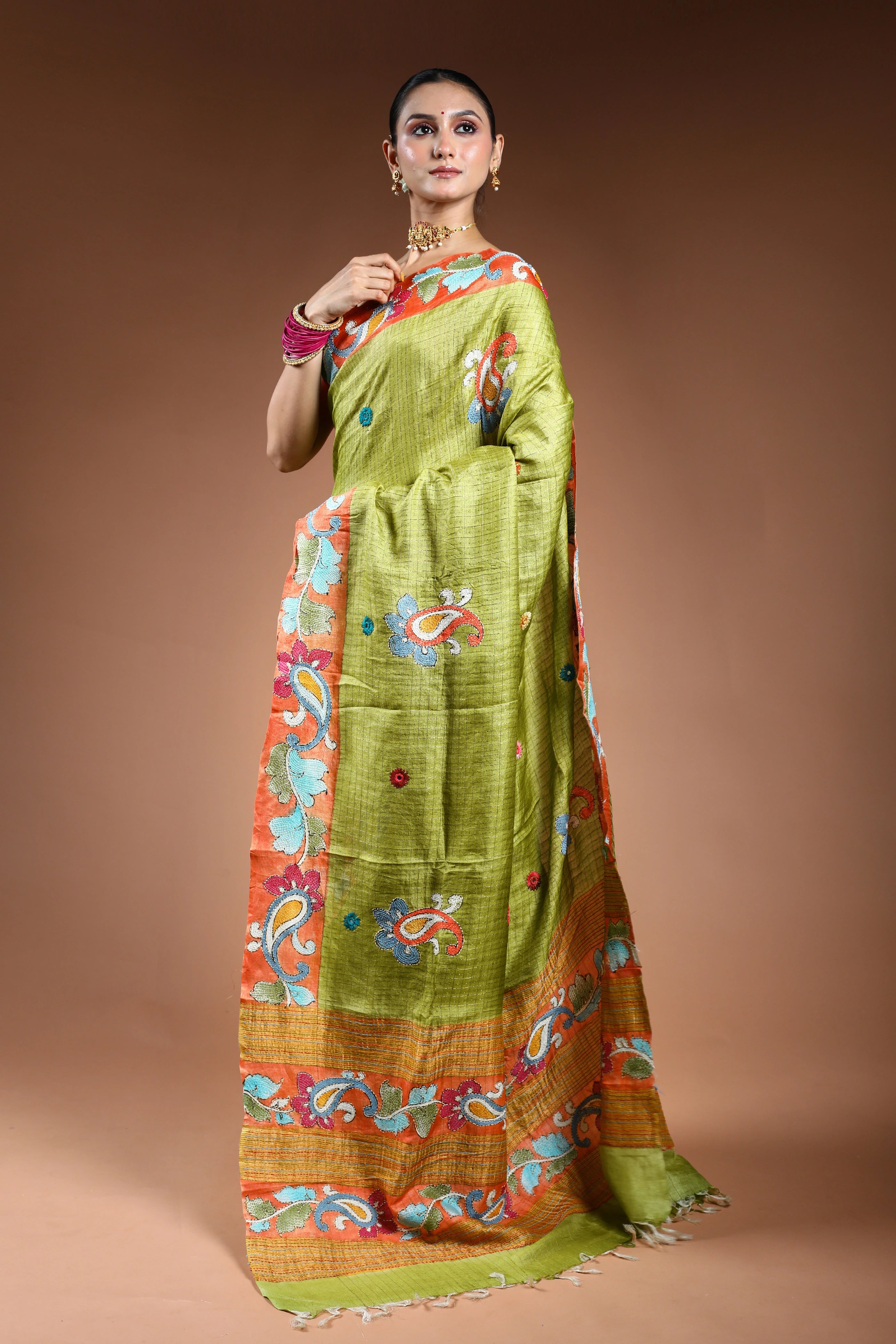 Parrot Green Tussar Checks Kantha Saree With Blouse Piece