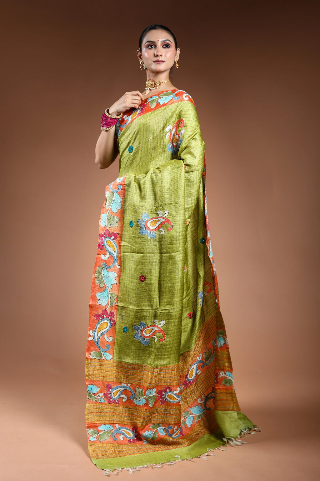 Parrot Green Tussar Checks Kantha Saree With Blouse Piece