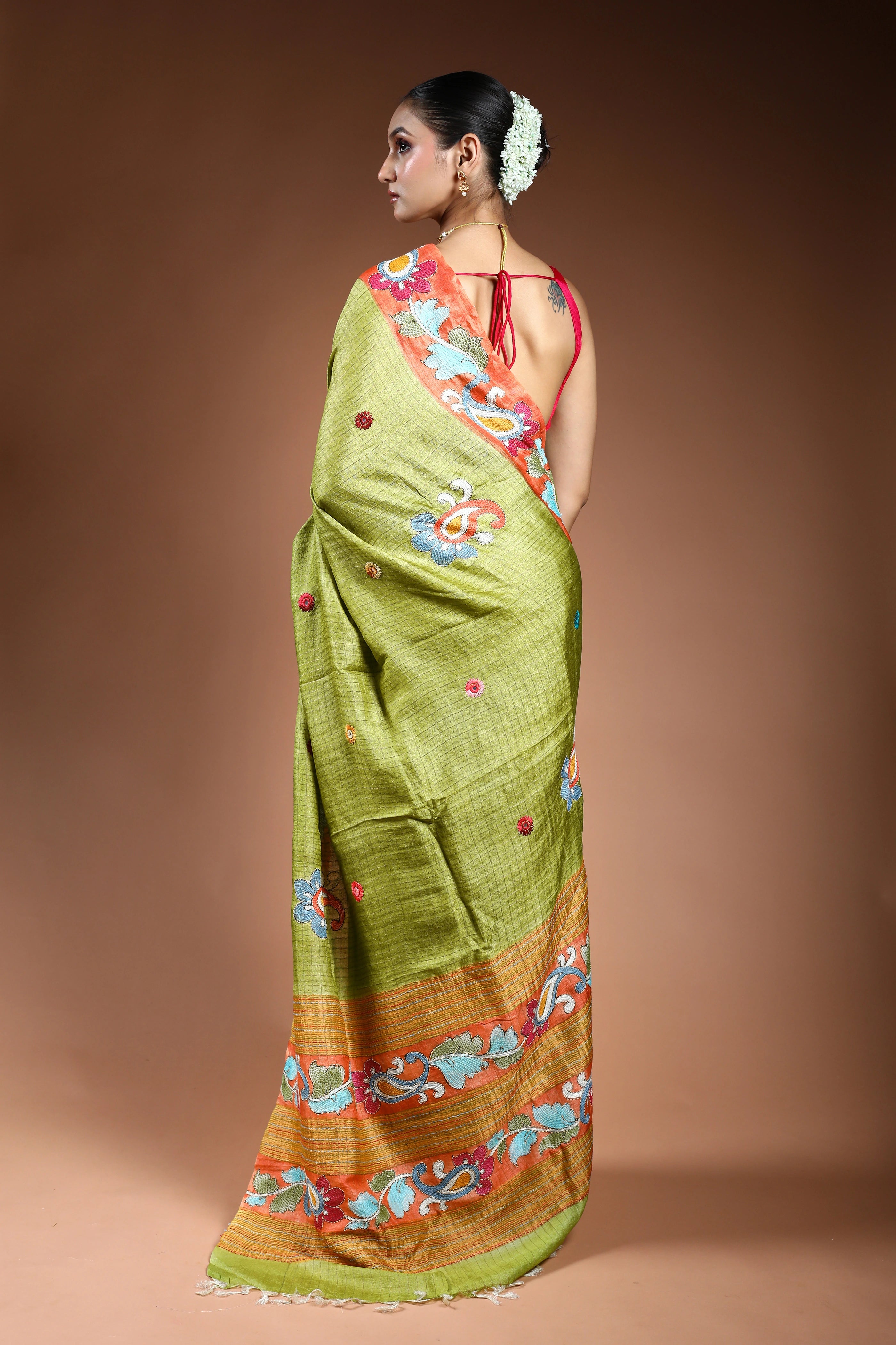 Parrot Green Tussar Checks Kantha Saree With Blouse Piece