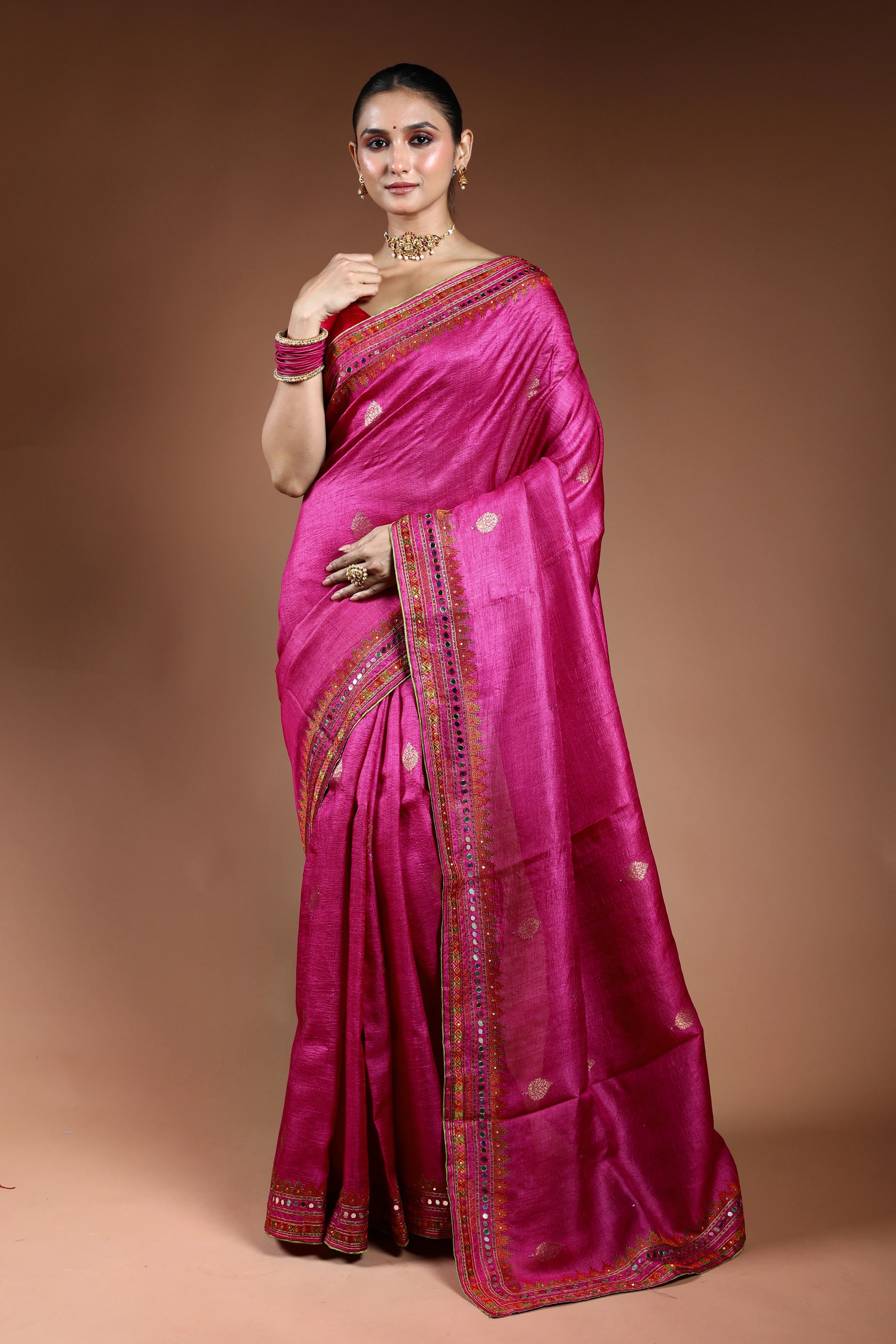 Magenda Tussar Machine Work Saree With Blouse Piece