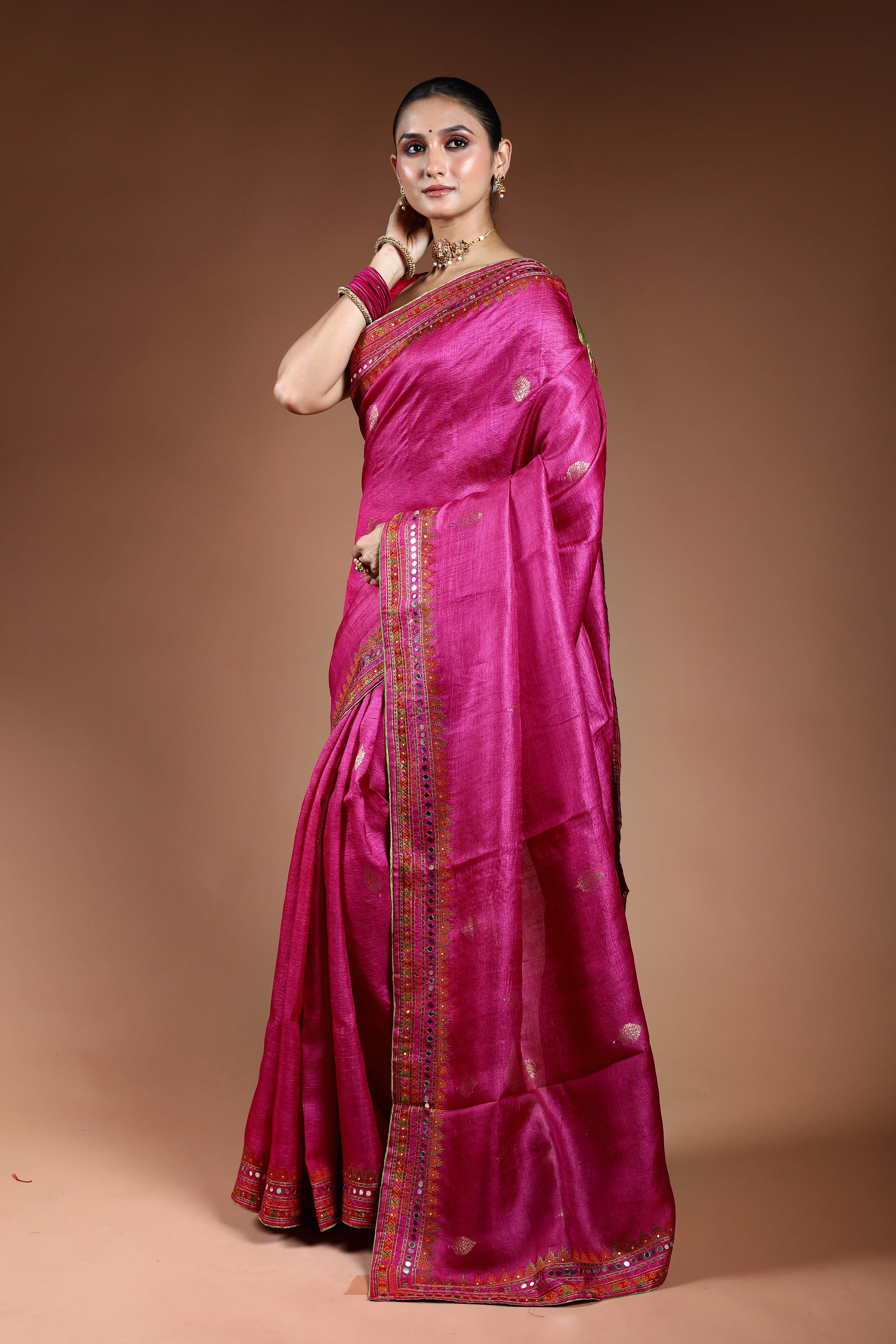 Magenda Tussar Machine Work Saree With Blouse Piece