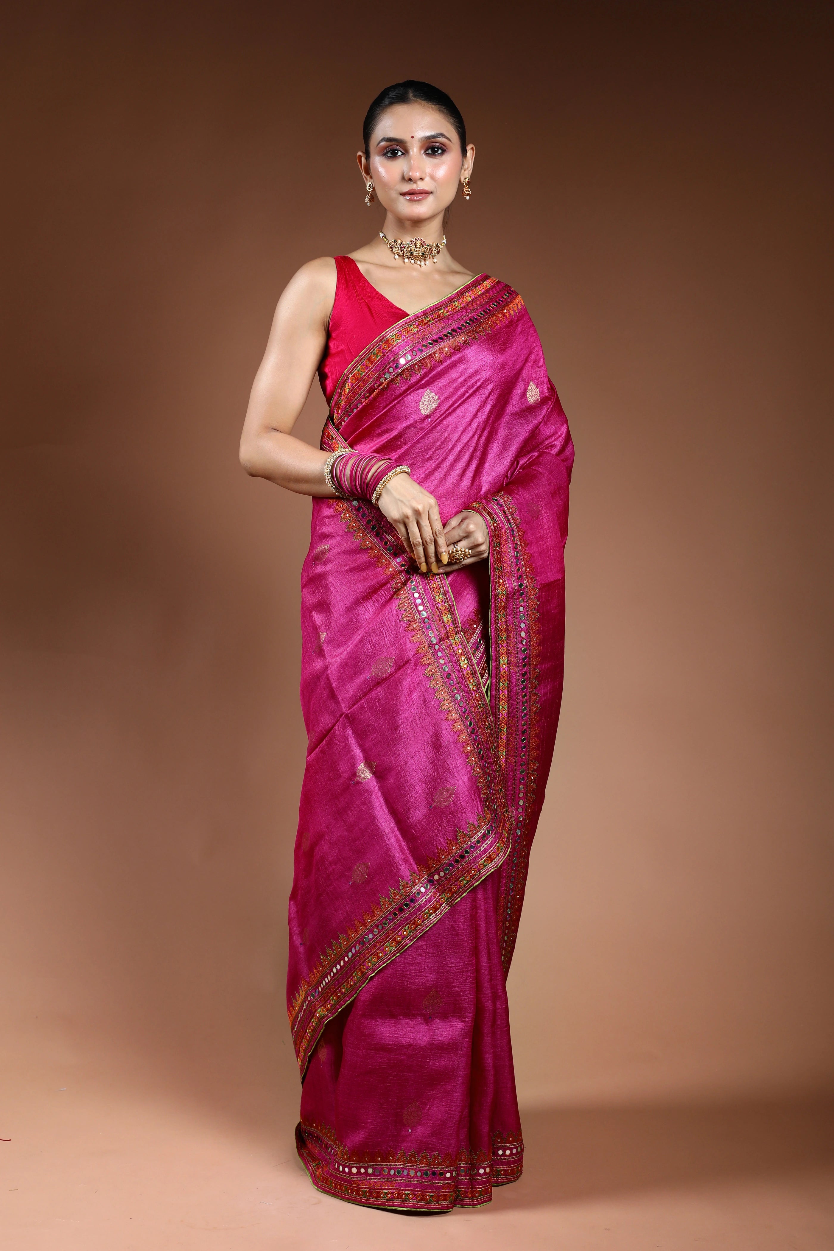 Magenda Tussar Machine Work Saree With Blouse Piece