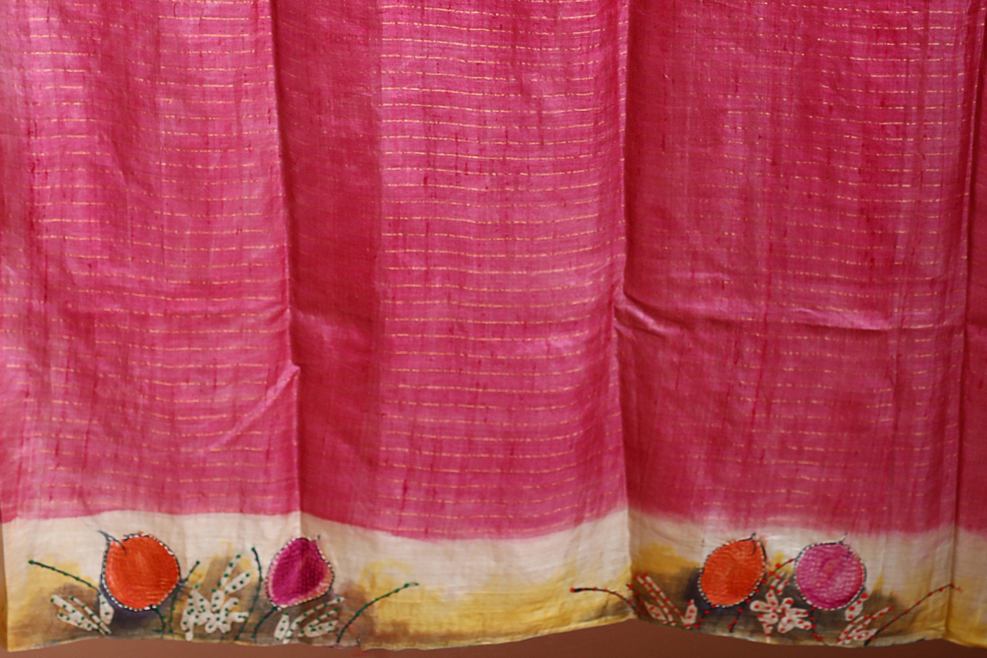 Multicolor Tussar Checks Kantha Saree With Blouse Piece