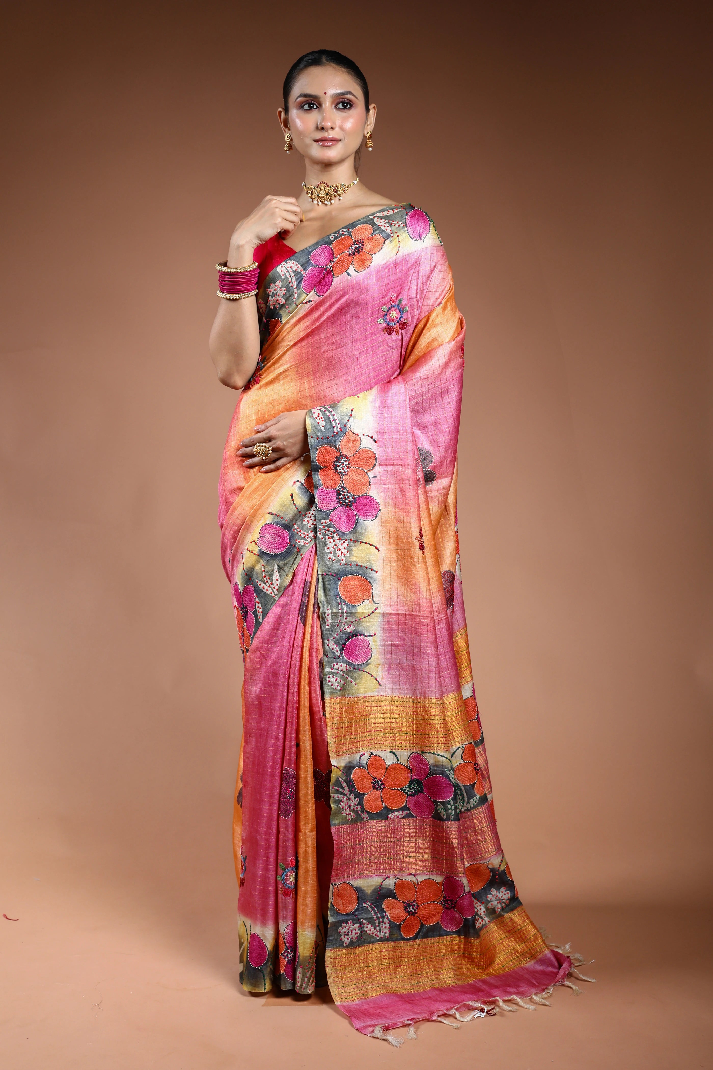 Multicolor Tussar Checks Kantha Saree With Blouse Piece