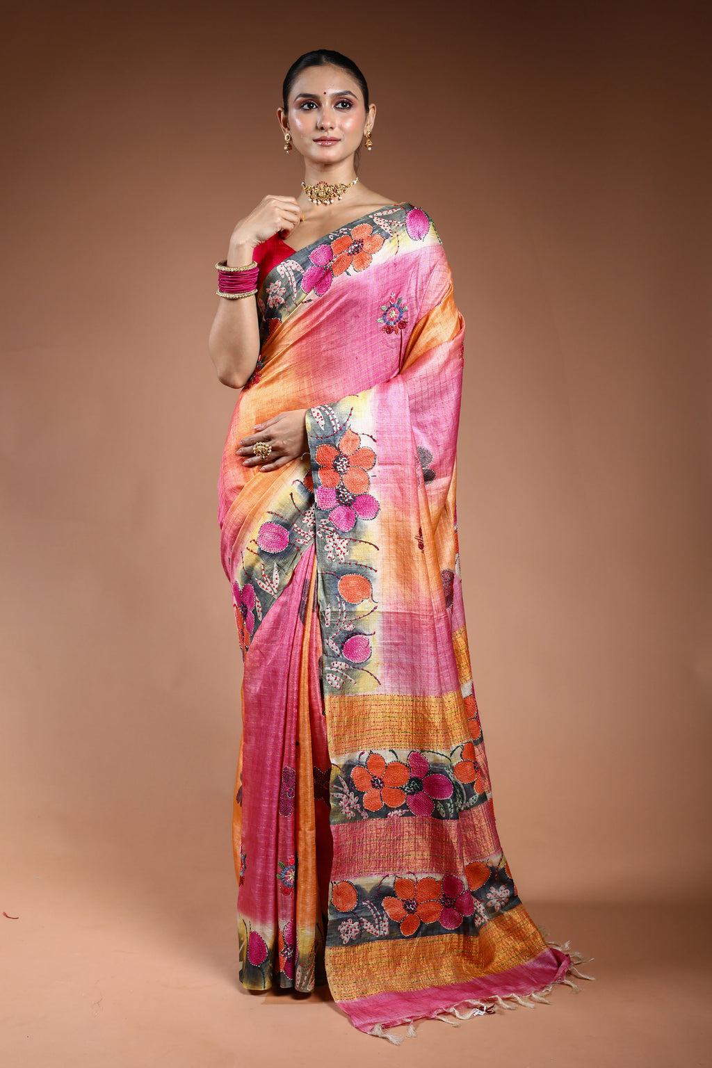 Multicolor Tussar Checks Kantha Saree With Blouse Piece