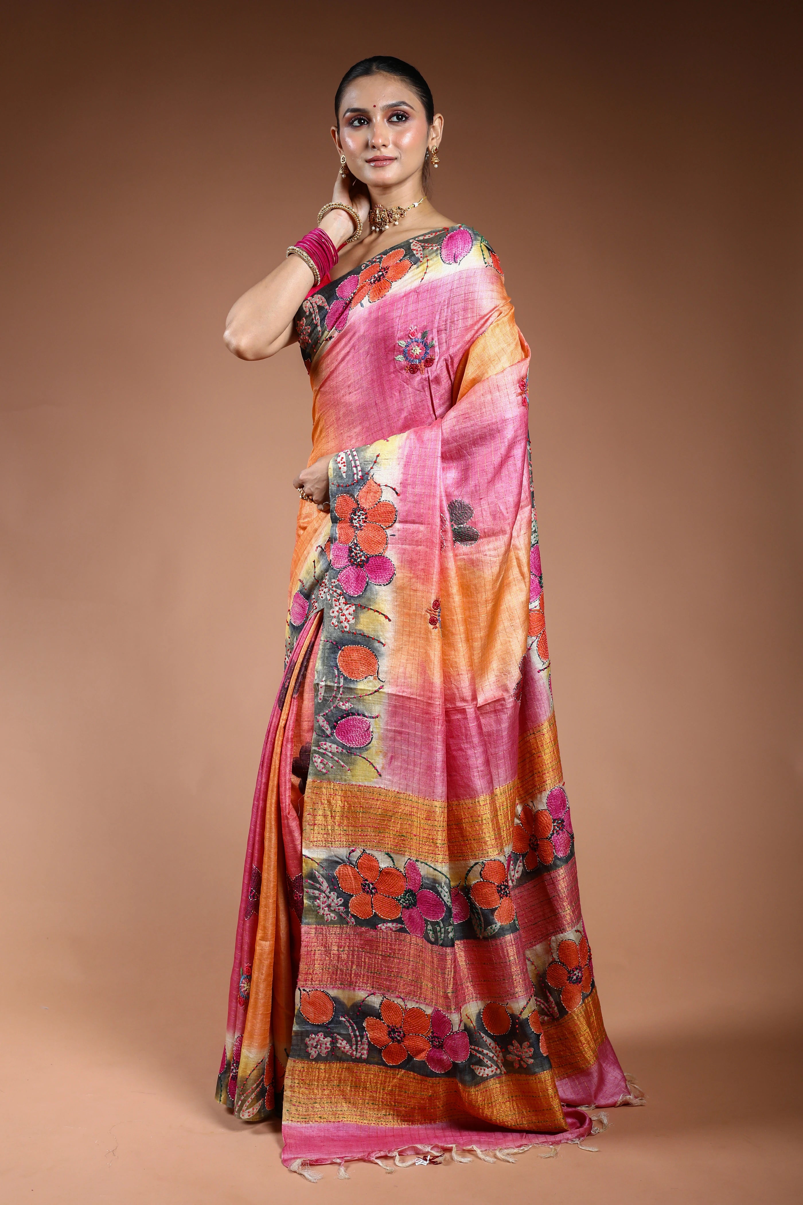 Multicolor Tussar Checks Kantha Saree With Blouse Piece