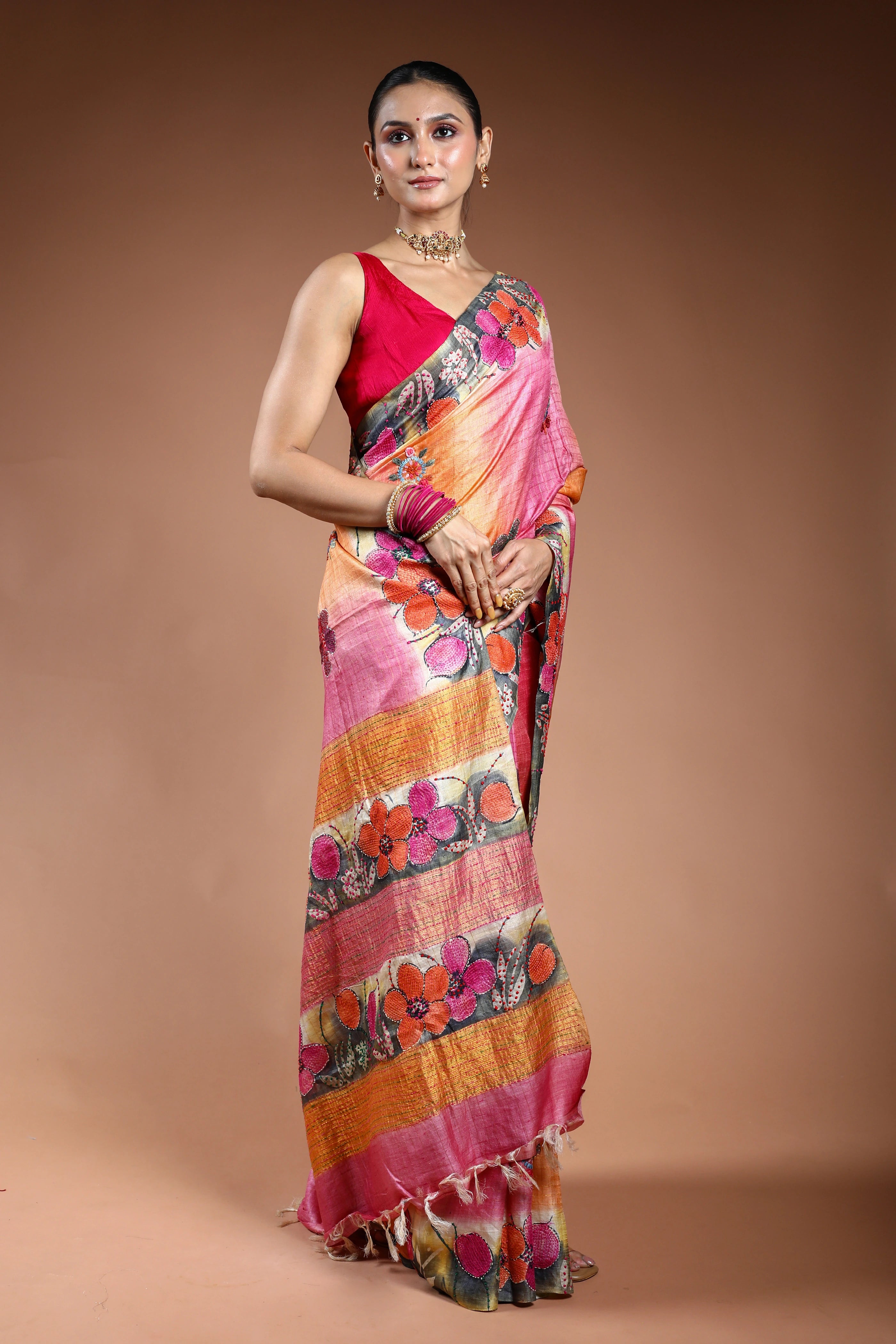 Multicolor Tussar Checks Kantha Saree With Blouse Piece