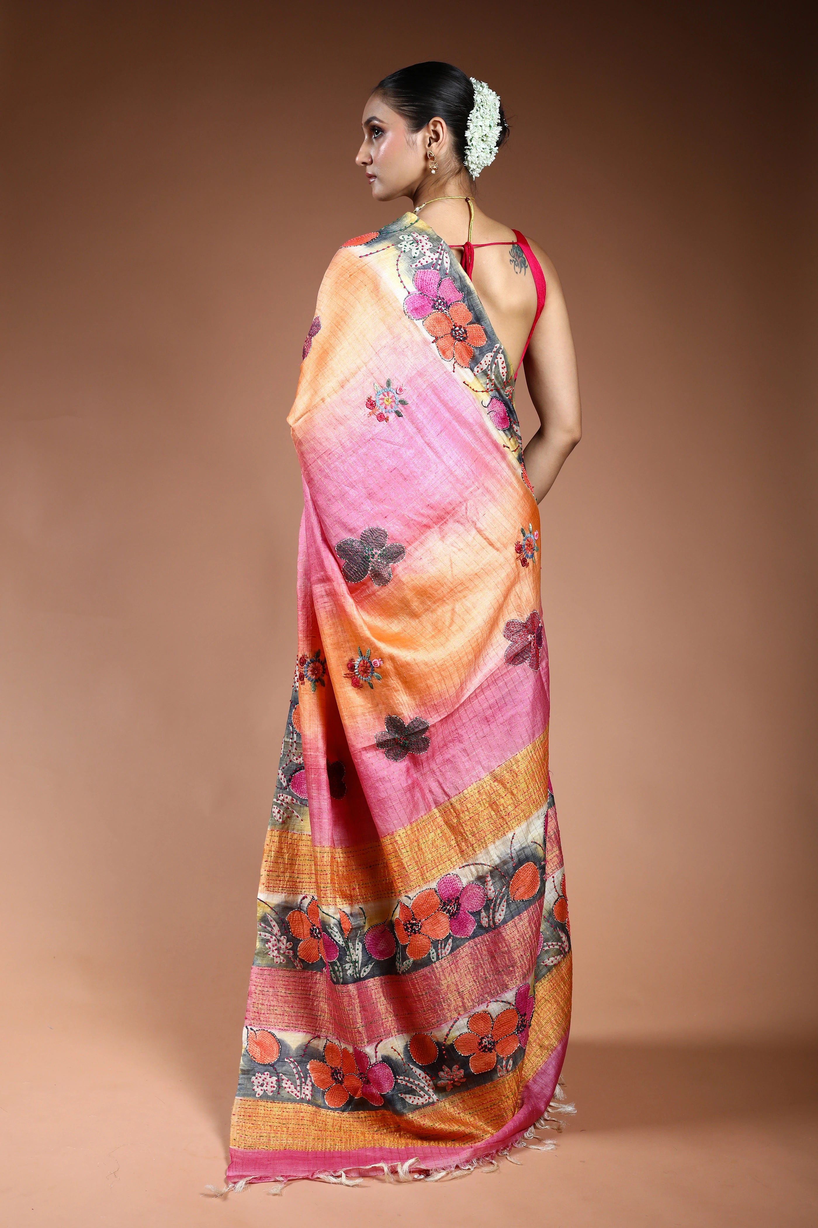 Multicolor Tussar Checks Kantha Saree With Blouse Piece