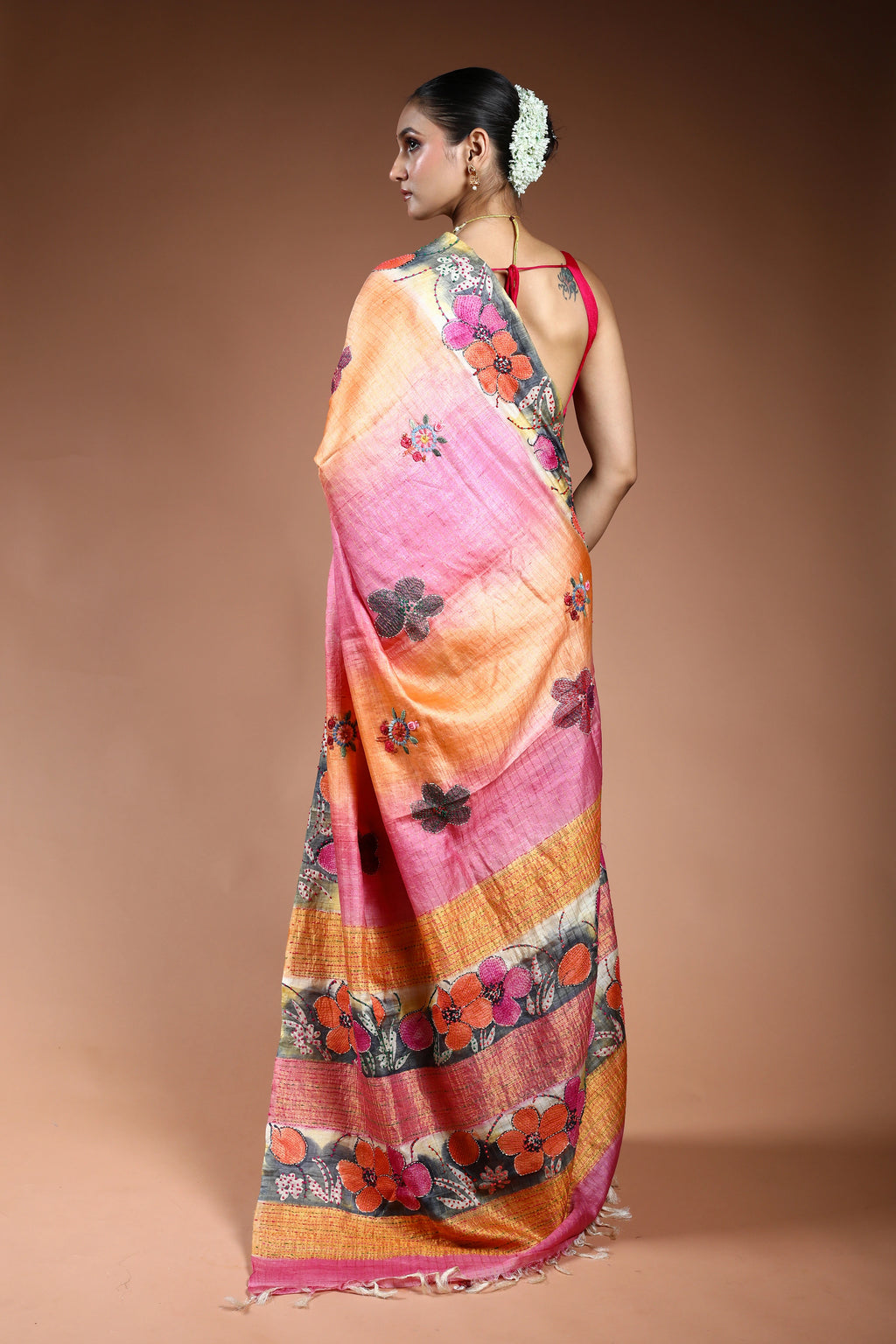 Multicolor Tussar Checks Kantha Saree With Blouse Piece
