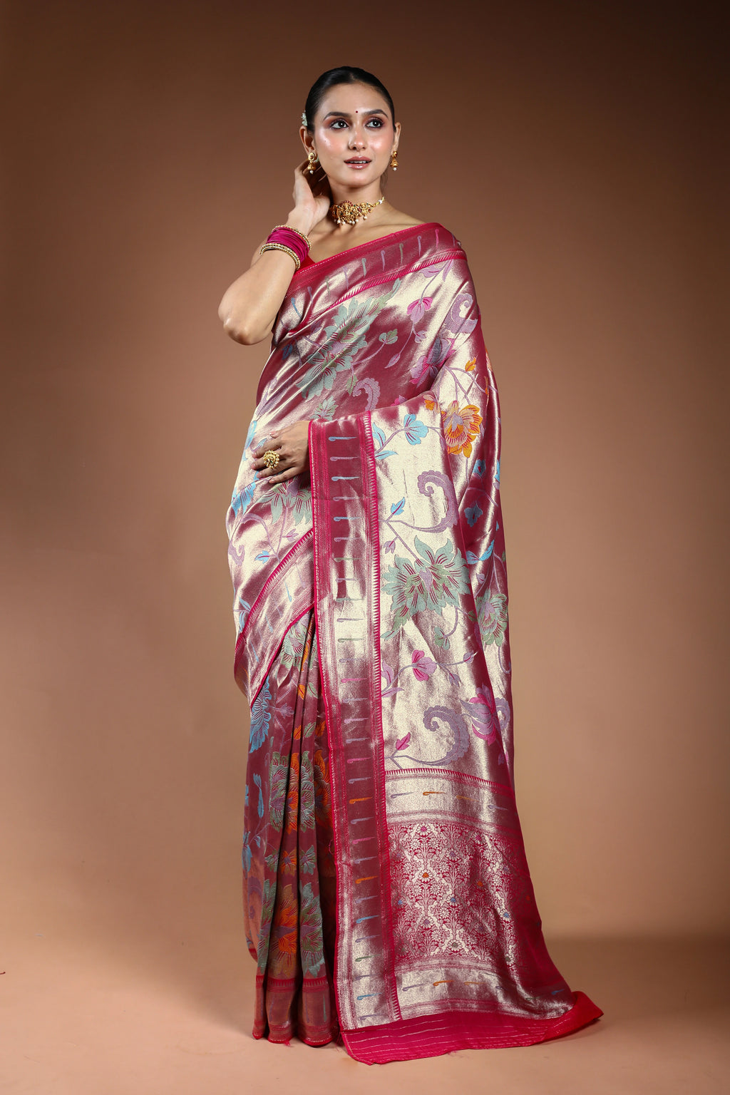 Fuchsia Pink Semi Mashru Saree With Blouse Piece