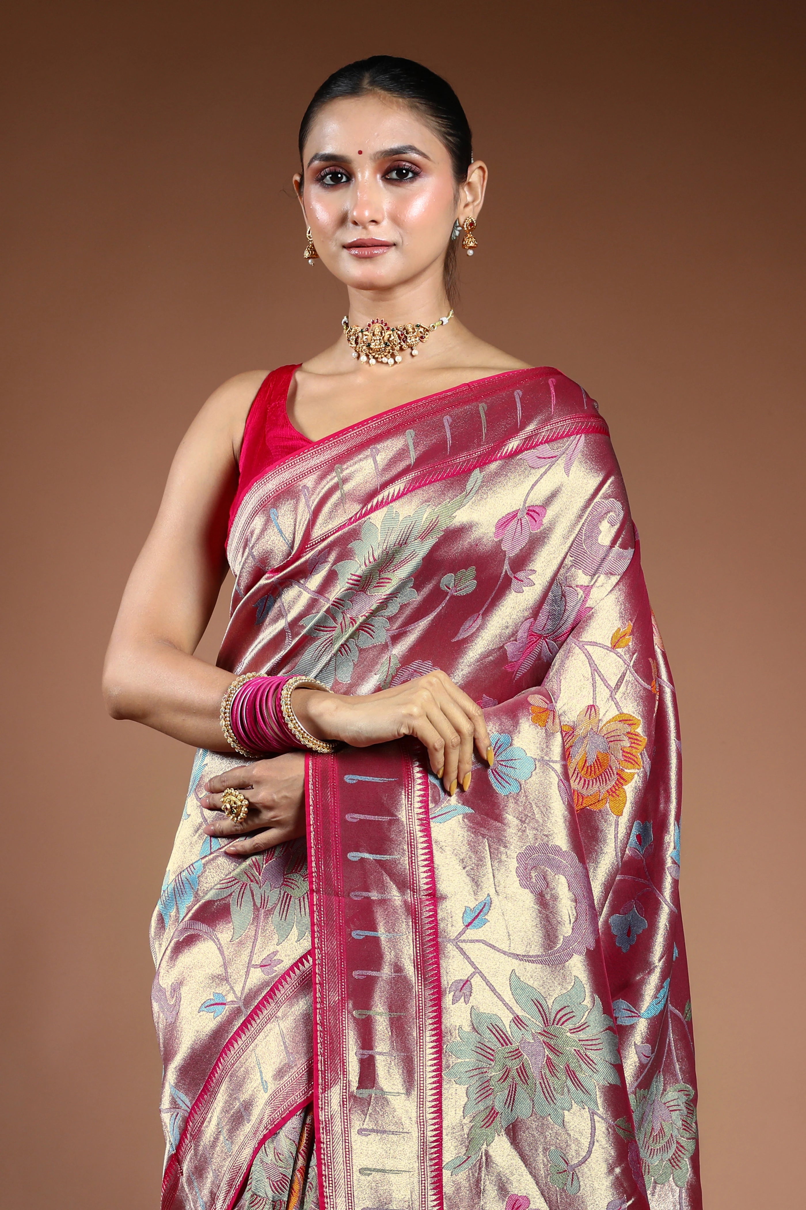 Fuchsia Pink Semi Mashru Saree With Blouse Piece