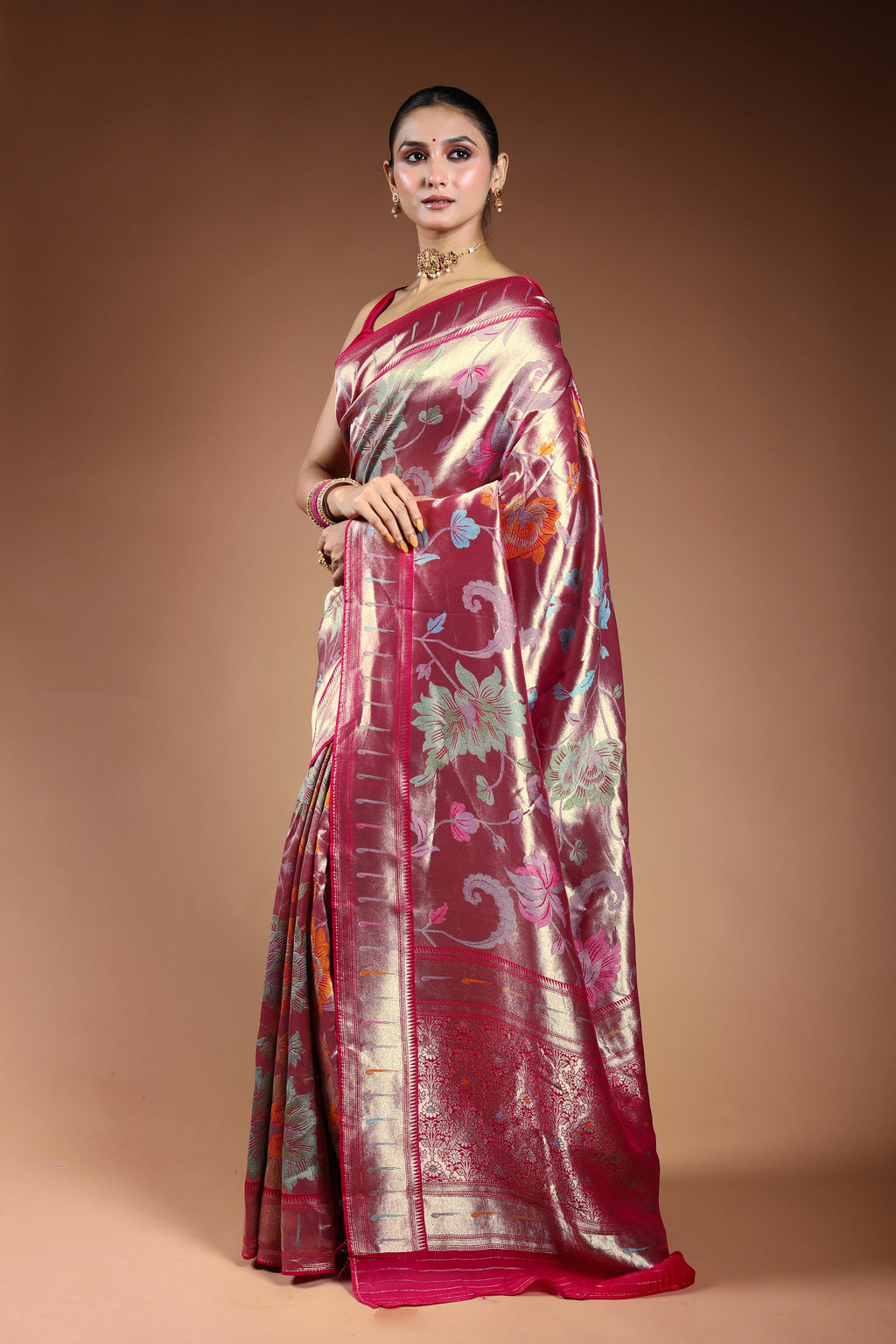 Fuchsia Pink Semi Mashru Saree With Blouse Piece