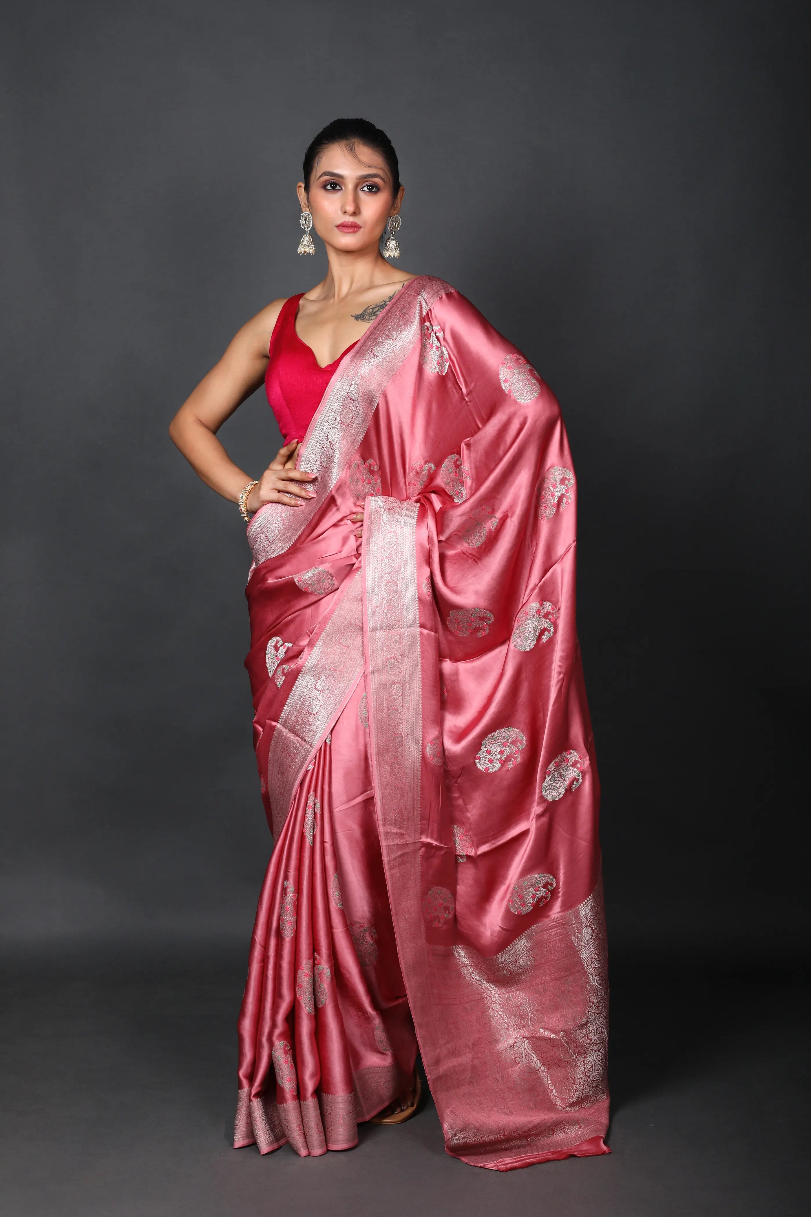 Baby Pink Semi Mashru Saree With Blouse Piece