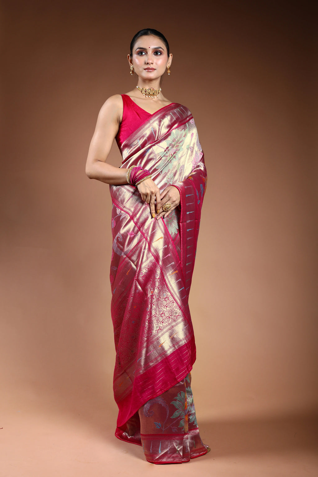 Fuchsia Pink Semi Mashru Saree With Blouse Piece