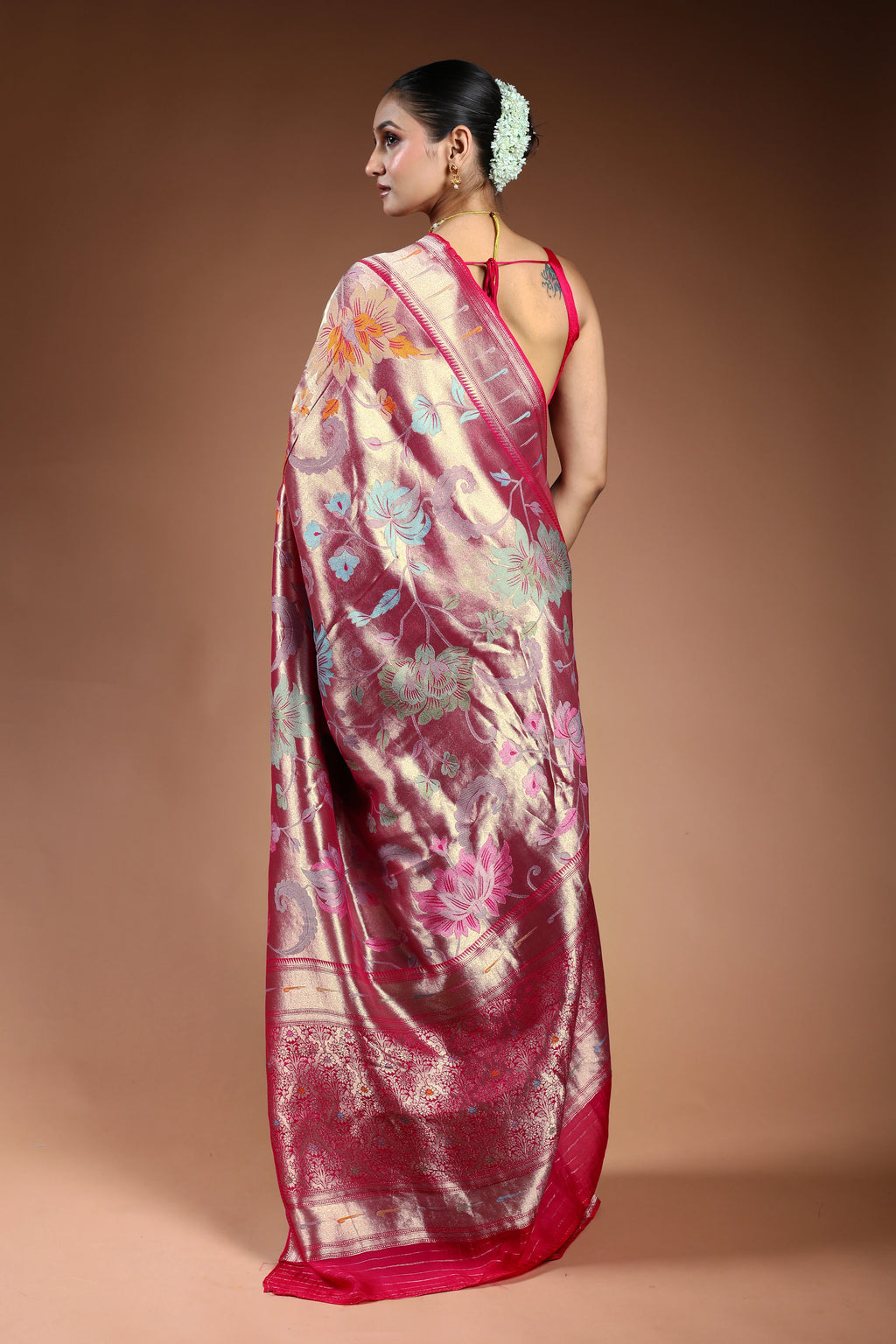 Fuchsia Pink Semi Mashru Saree With Blouse Piece