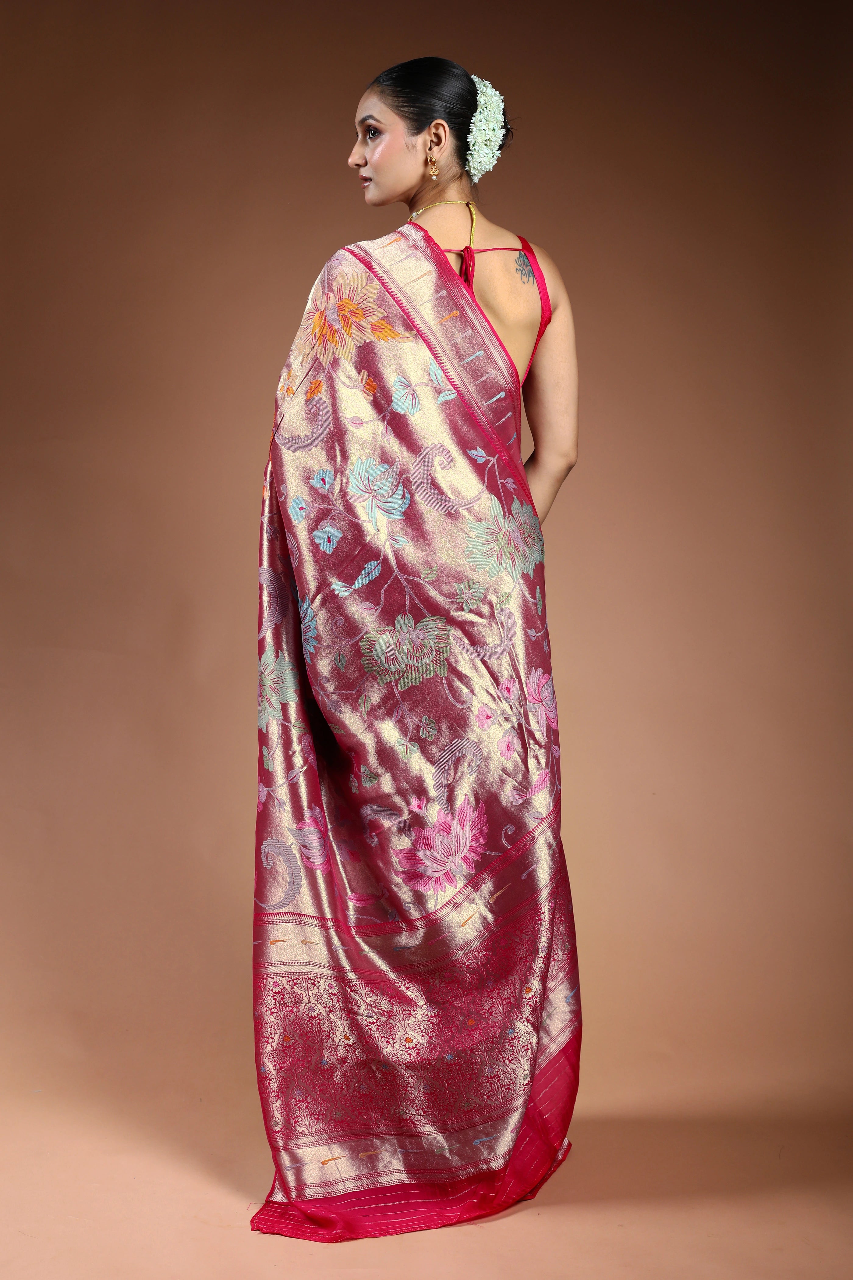 Fuchsia Pink Semi Mashru Saree With Blouse Piece