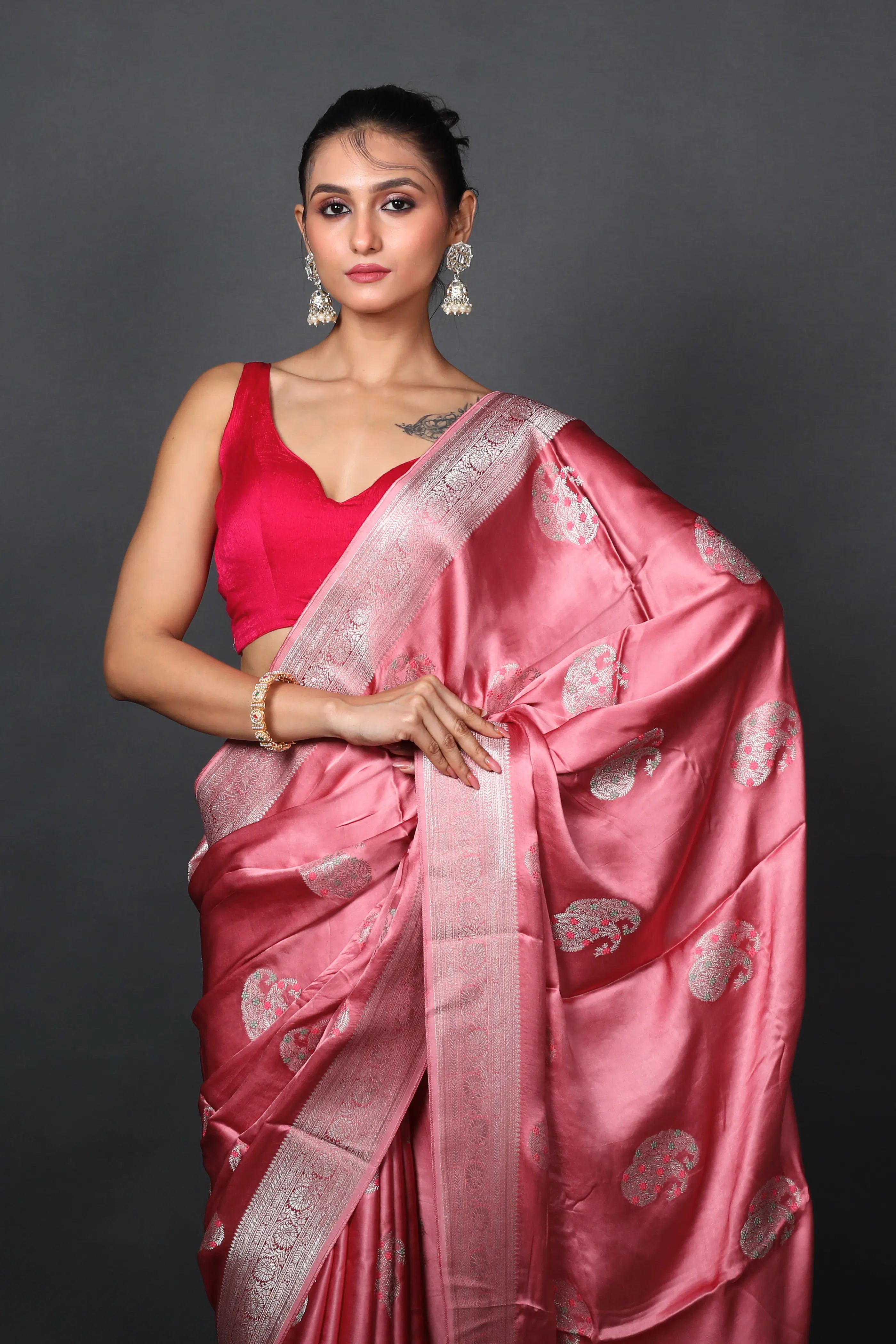 Baby Pink Semi Mashru Saree With Blouse Piece
