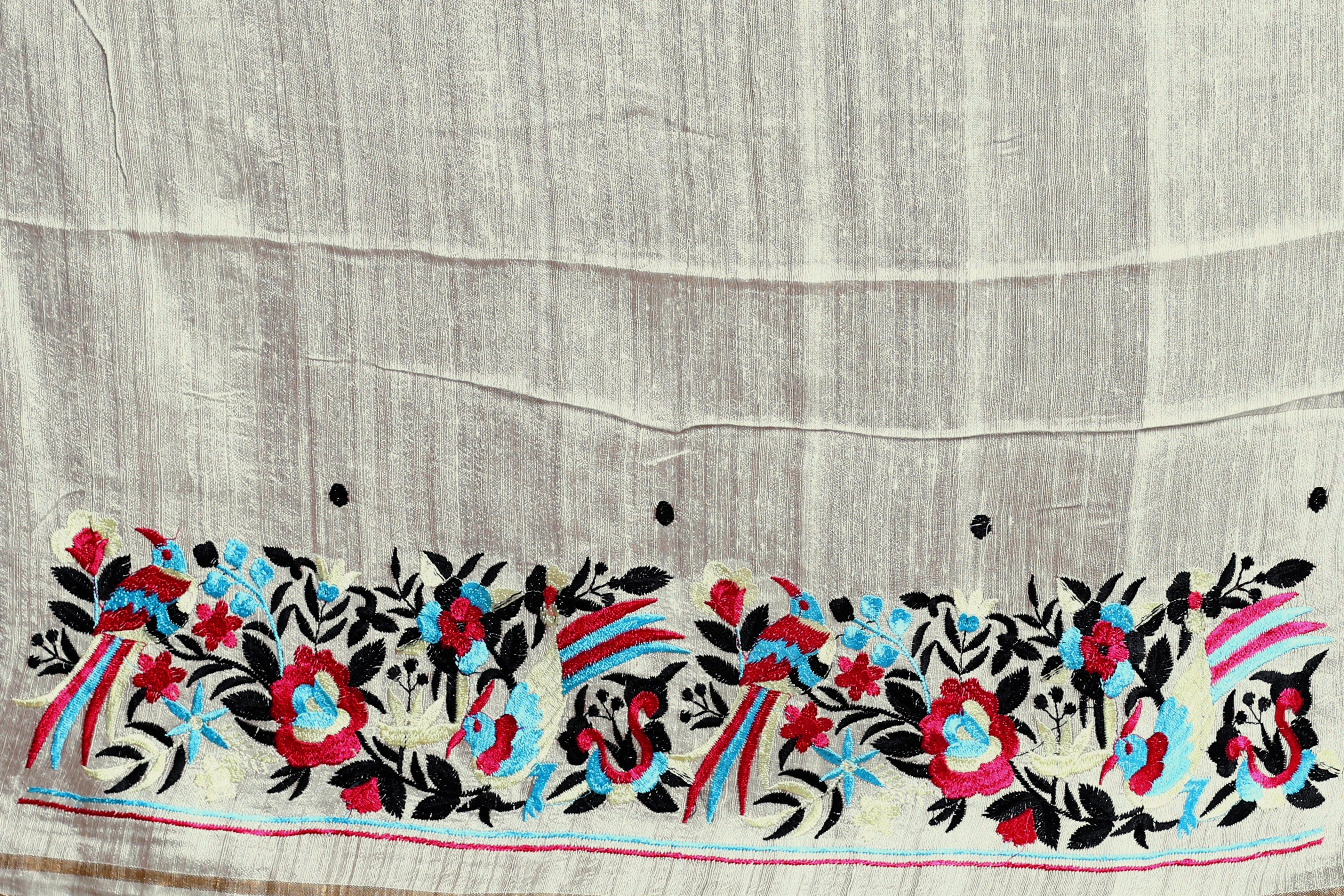 White Matka Machine Parsi Work Saree With Blouse Piece