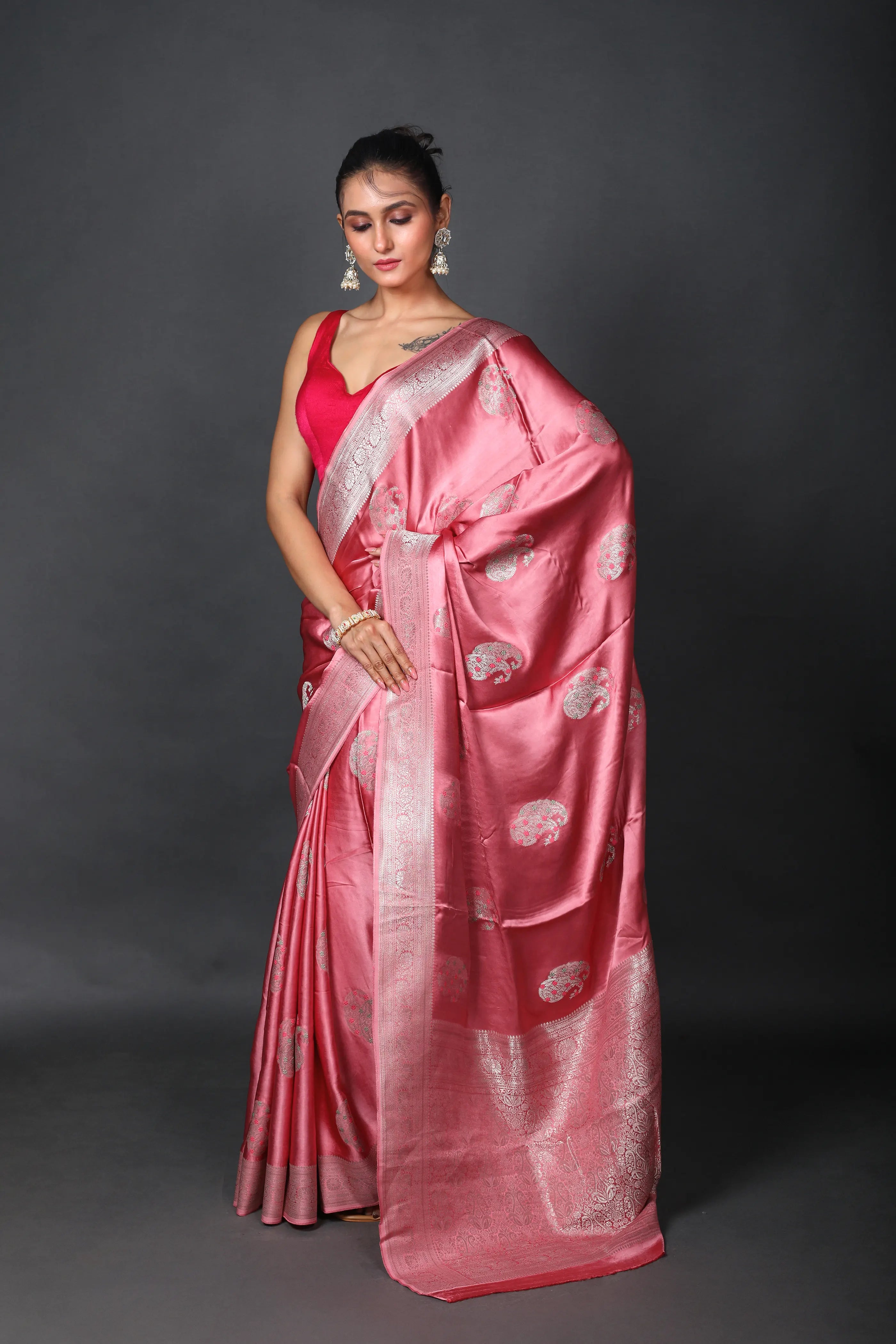 Baby Pink Semi Mashru Saree With Blouse Piece