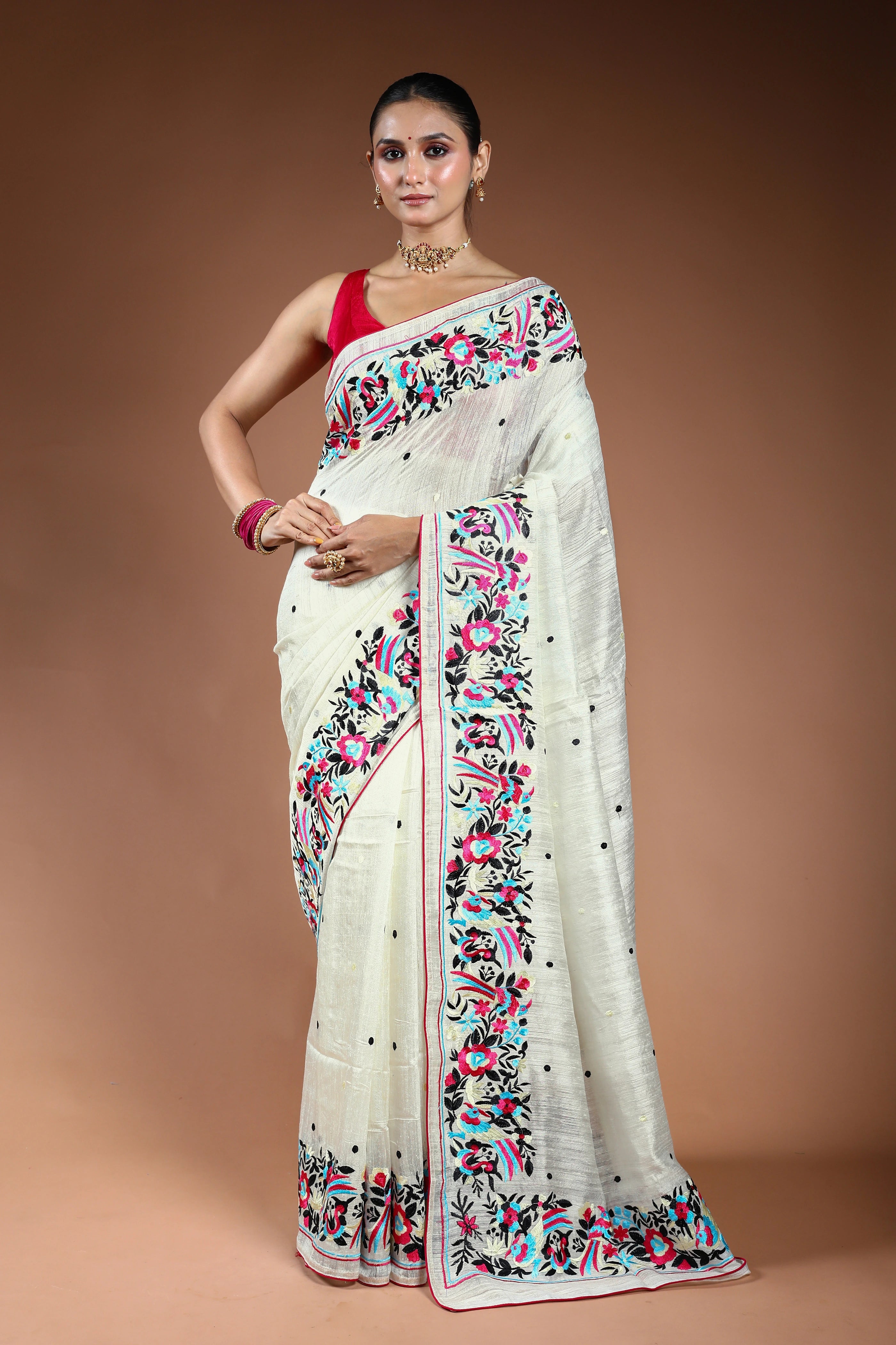 White Matka Machine Parsi Work Saree With Blouse Piece