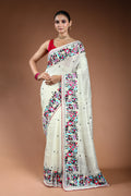 White Matka Machine Parsi Work Saree With Blouse Piece