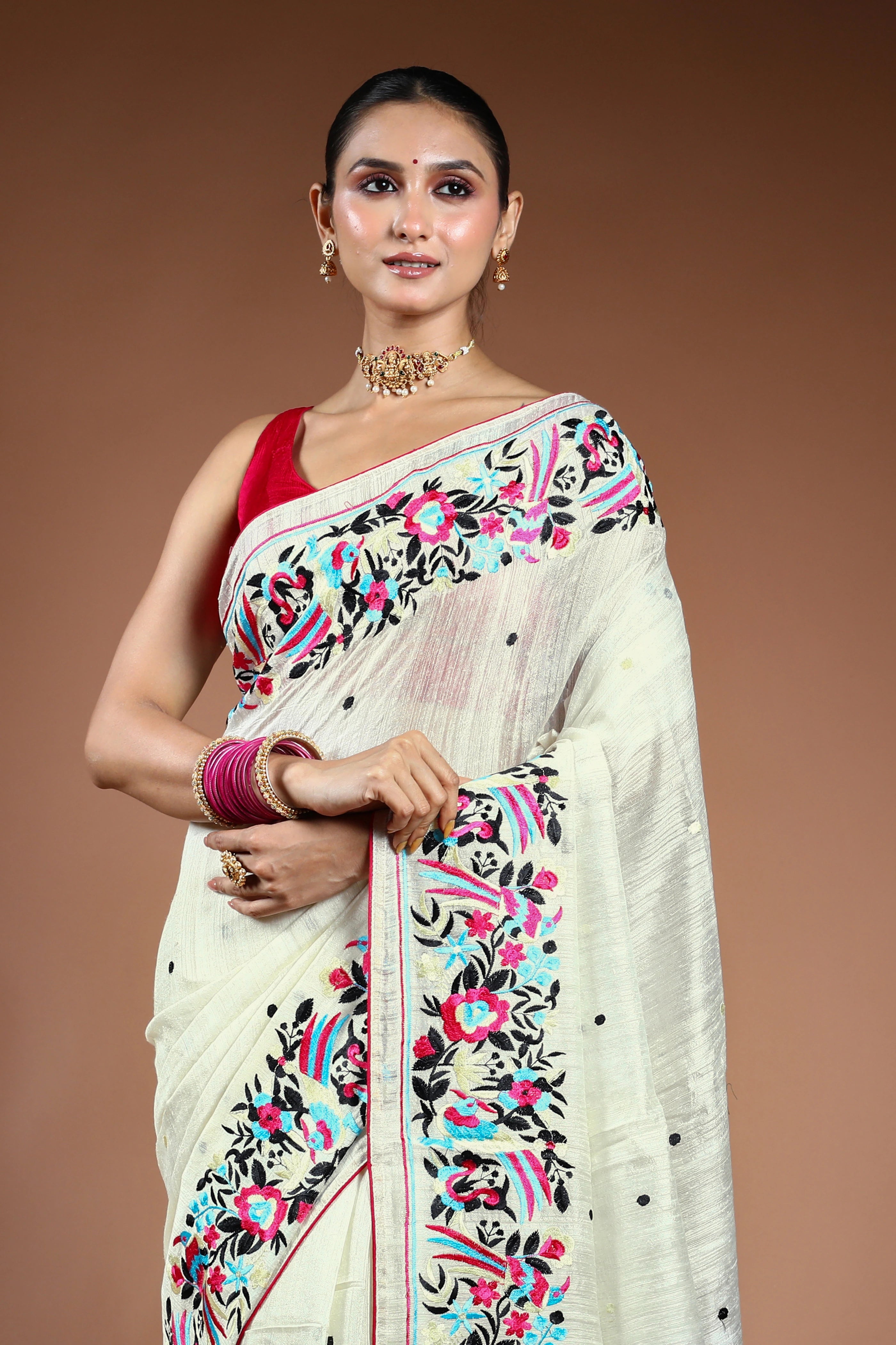 White Matka Machine Parsi Work Saree With Blouse Piece
