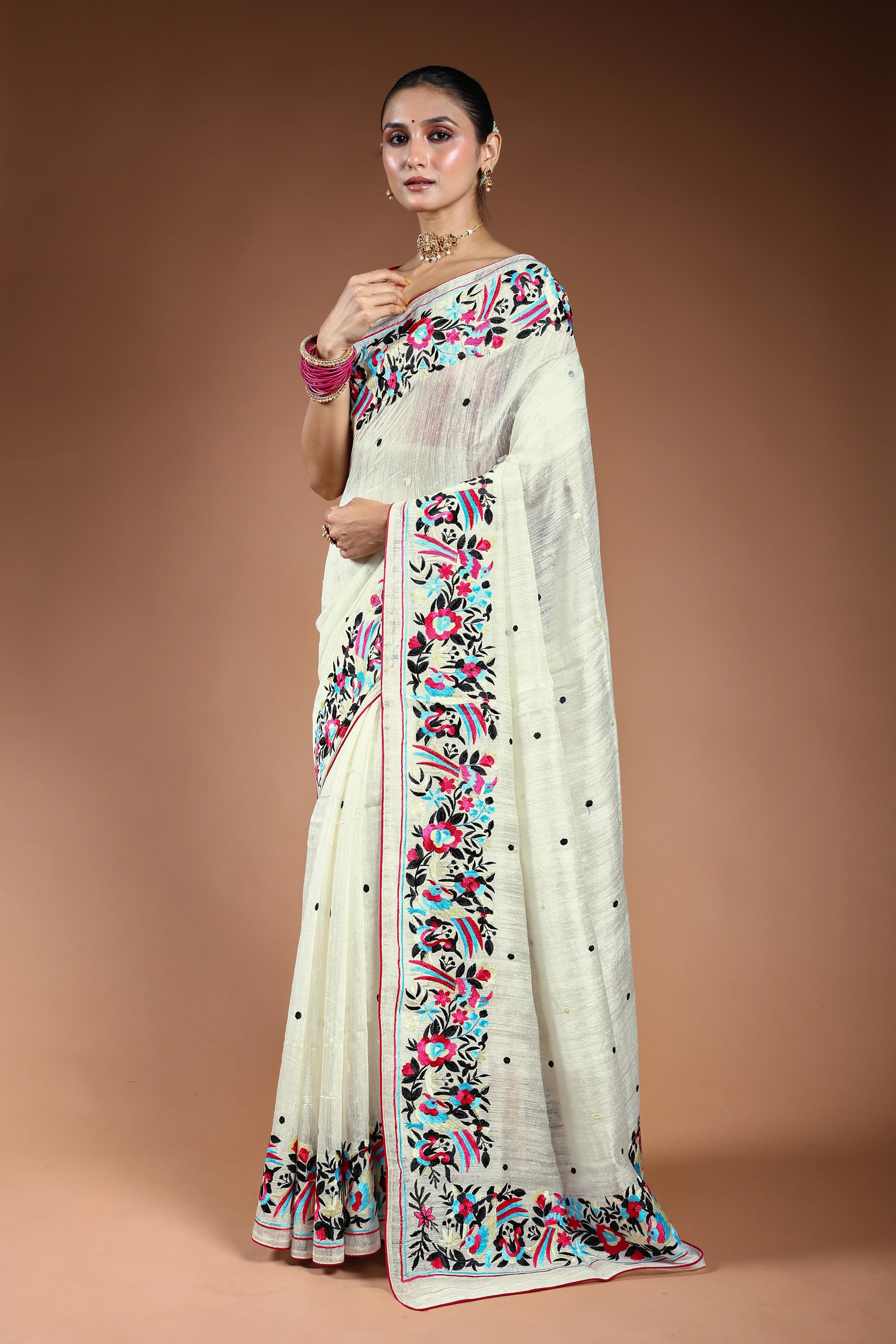 White Matka Machine Parsi Work Saree With Blouse Piece