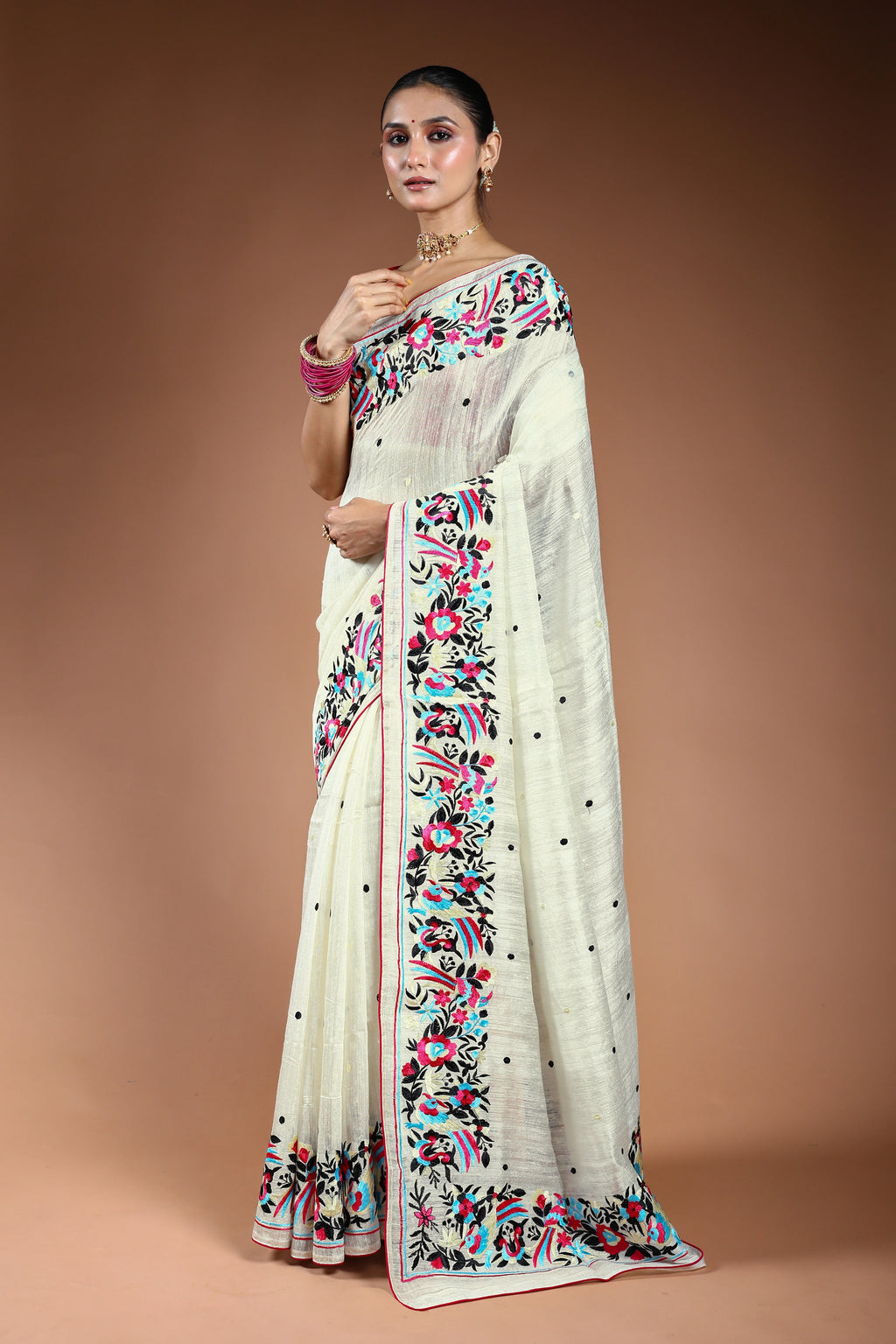 White Matka Machine Parsi Work Saree With Blouse Piece