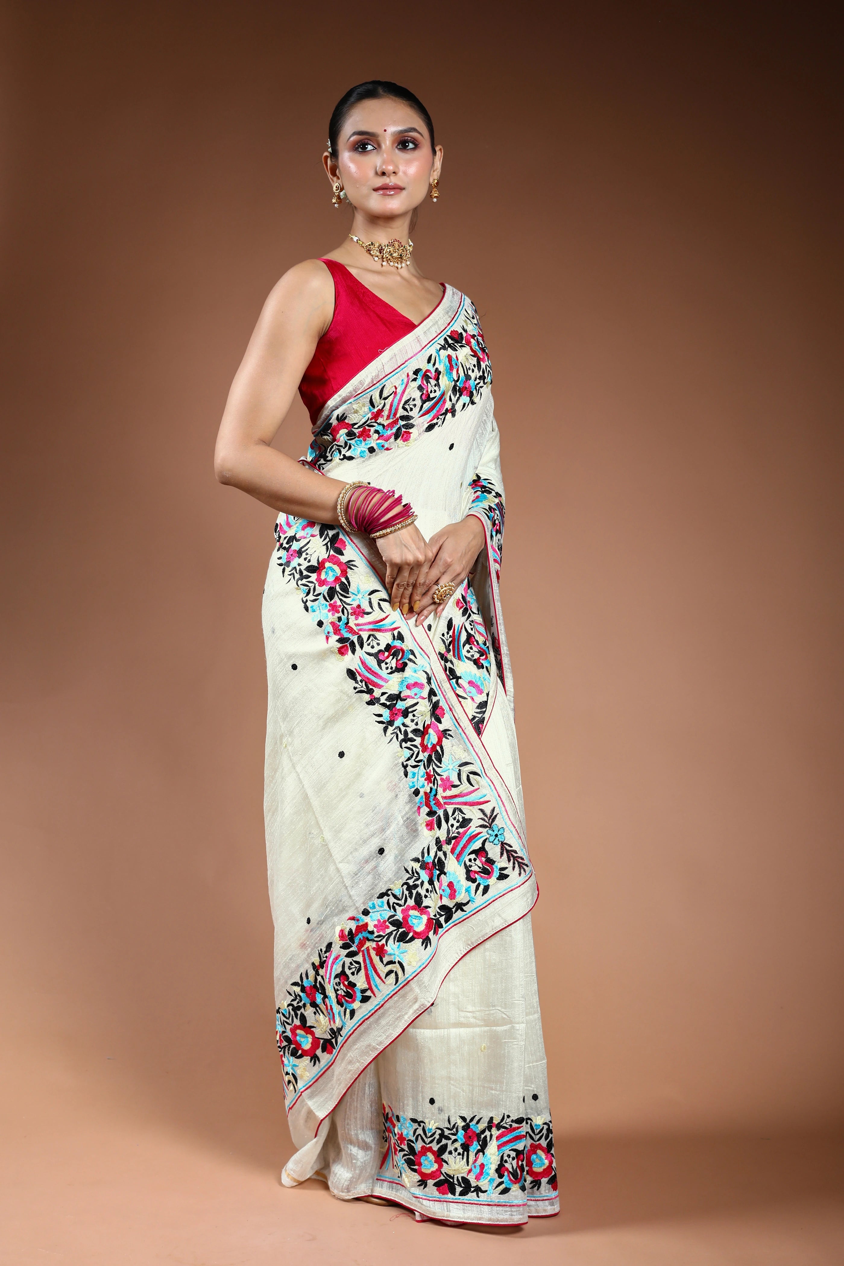 White Matka Machine Parsi Work Saree With Blouse Piece