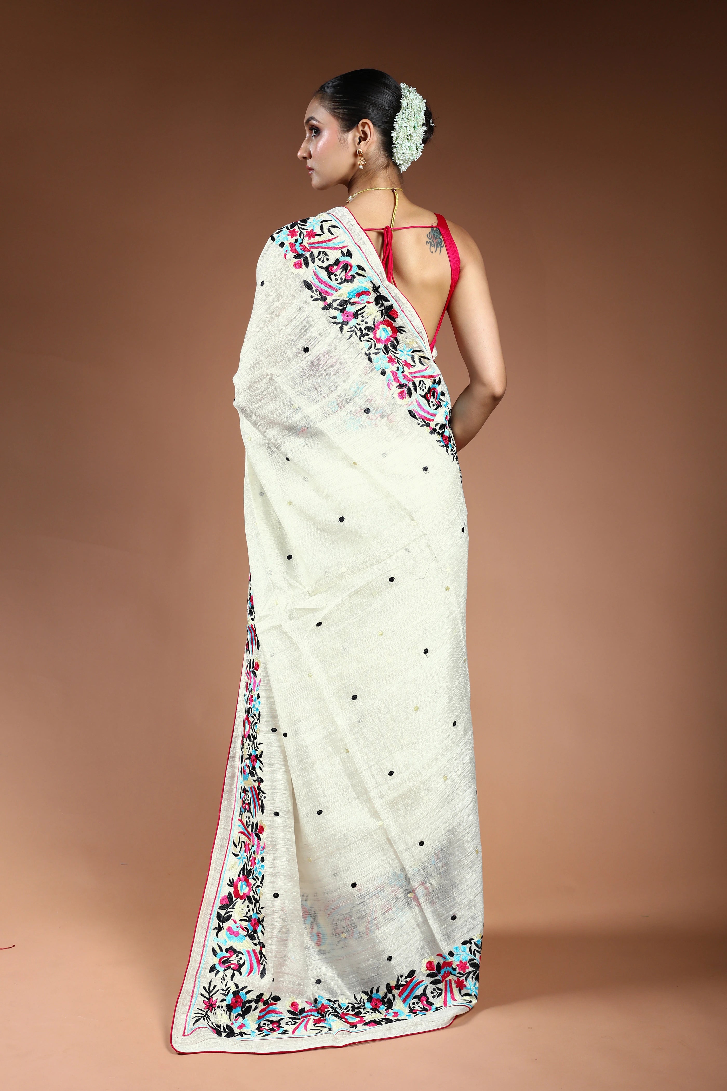 White Matka Machine Parsi Work Saree With Blouse Piece