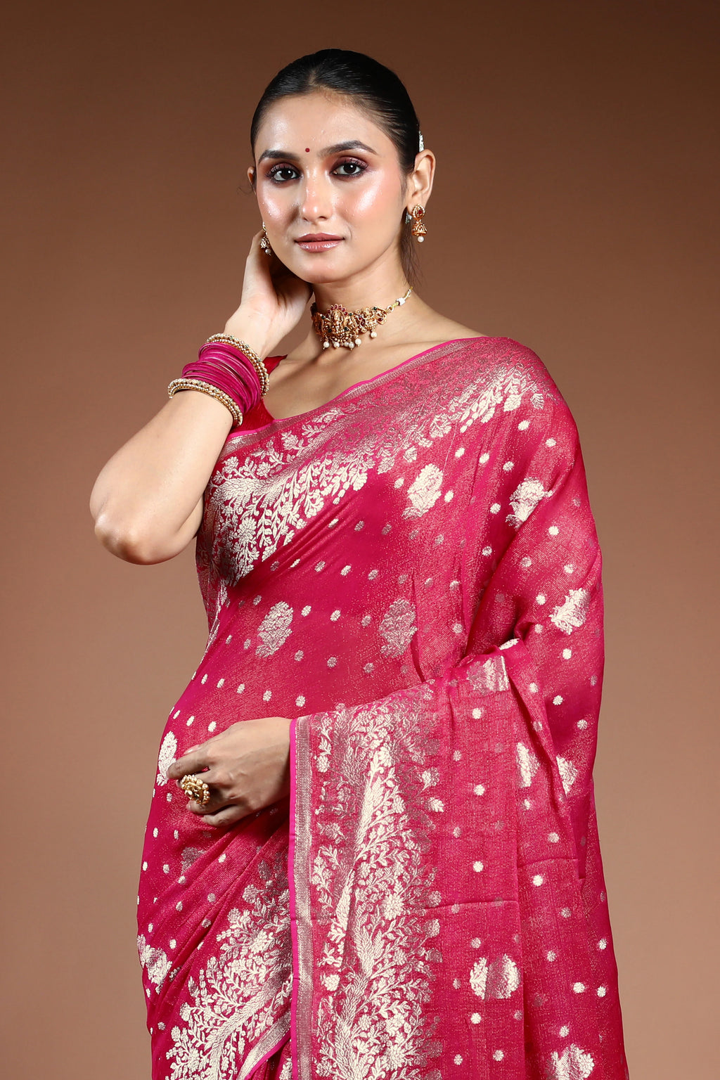 Fuchsia Pink Semi Khaddi Saree With Blouse Piece
