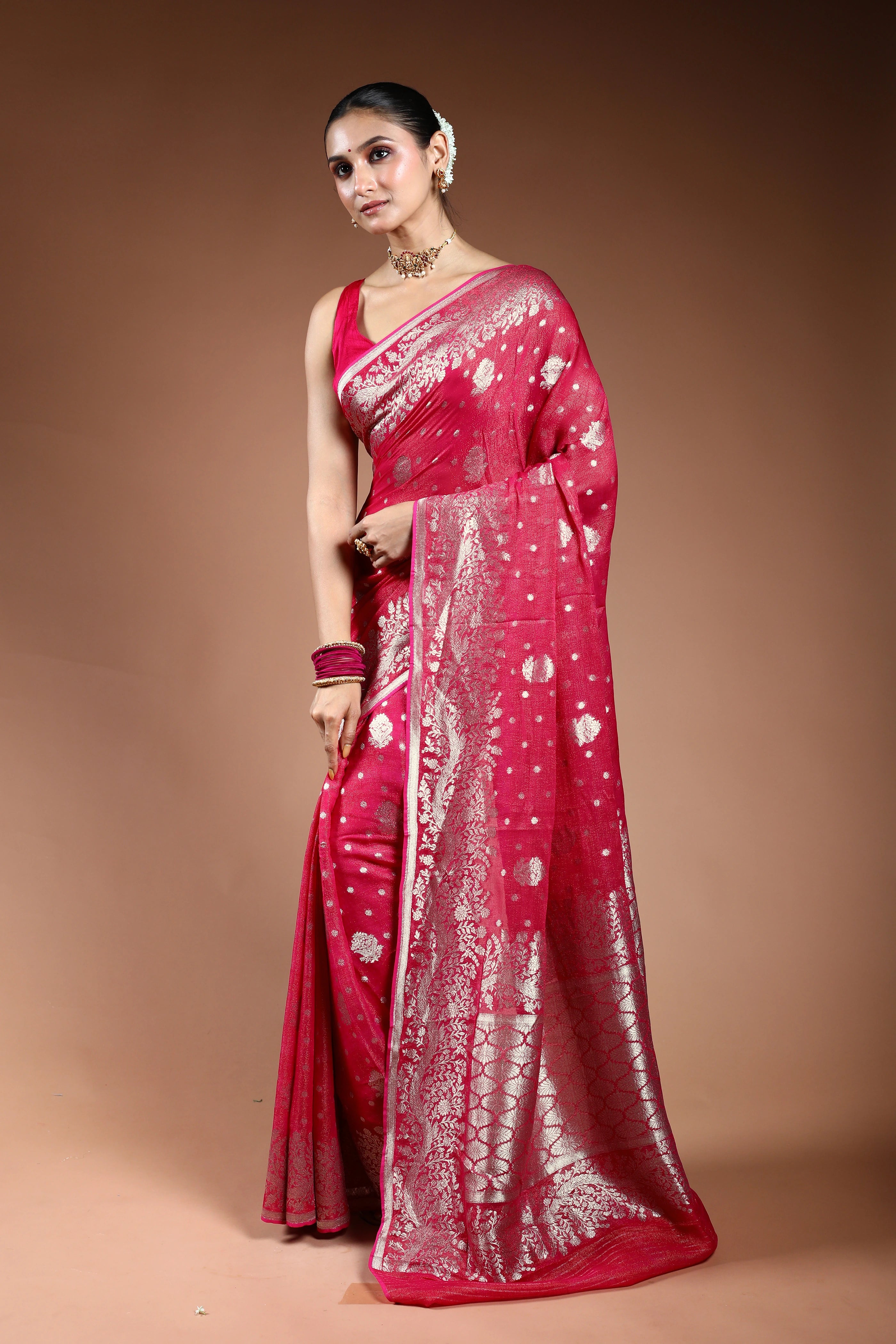 Fuchsia Pink Semi Khaddi Saree With Blouse Piece